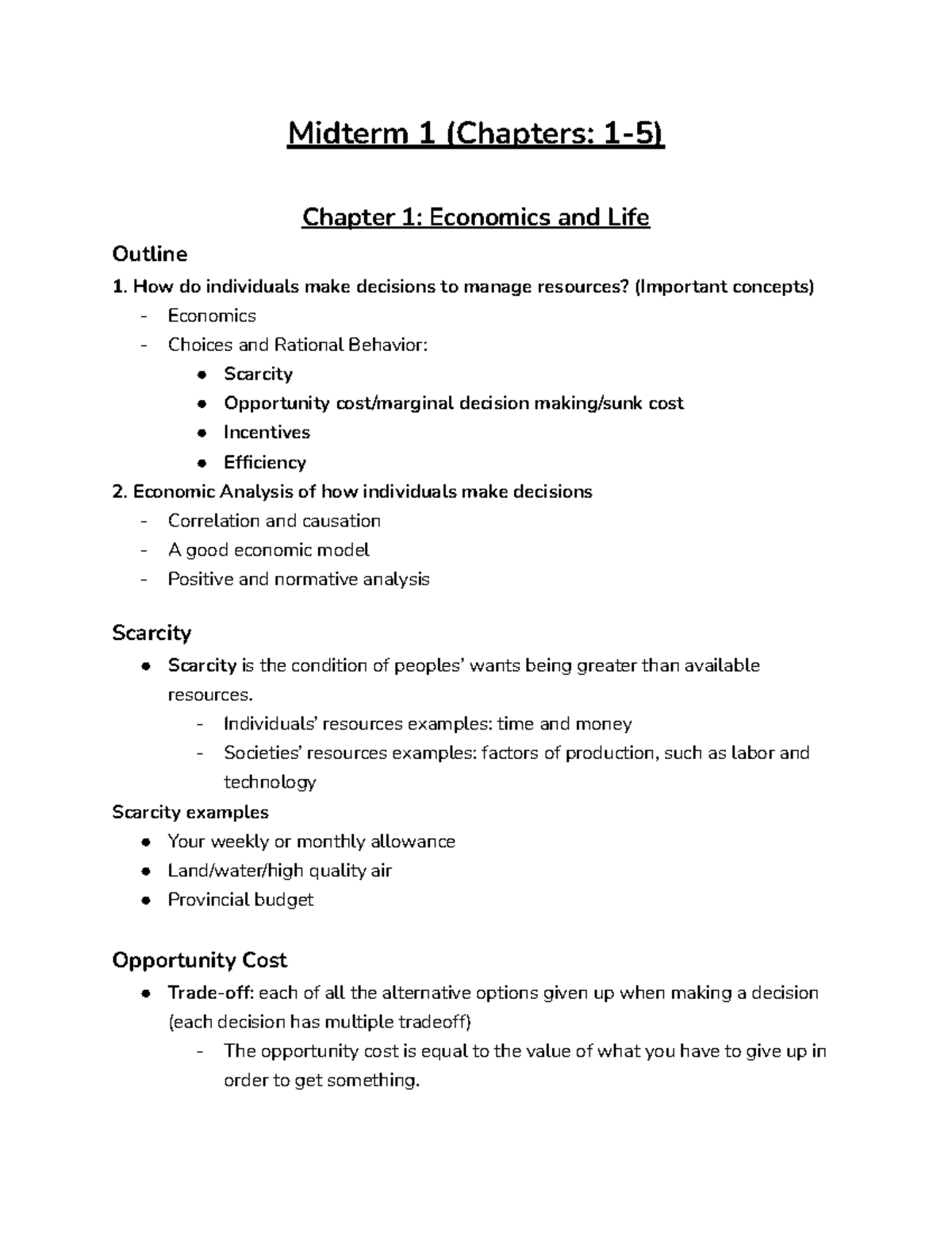EC01104 Midterm 1 Notes - Midterm 1 (Chapters: 1-5) Chapter 1 ...