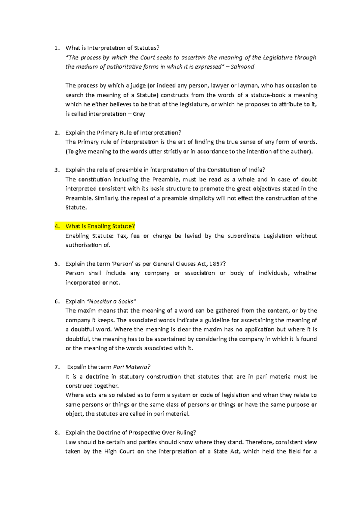 Notes - Short Q&A - Summary Interpretation of Statutes - 1. What is ...