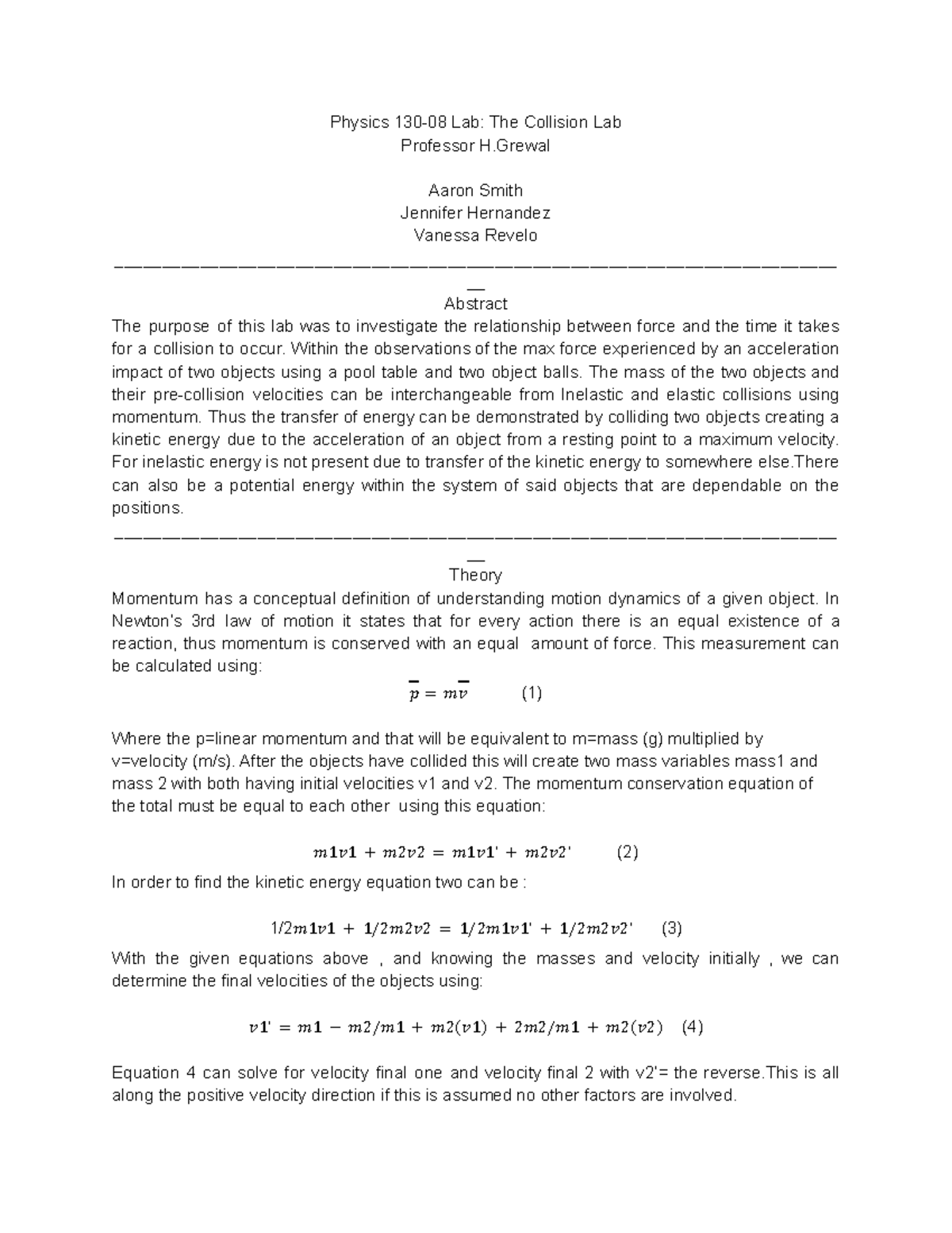 Collisions Lab from phys 130 - Physics 130-08 Lab: The Collision Lab ...