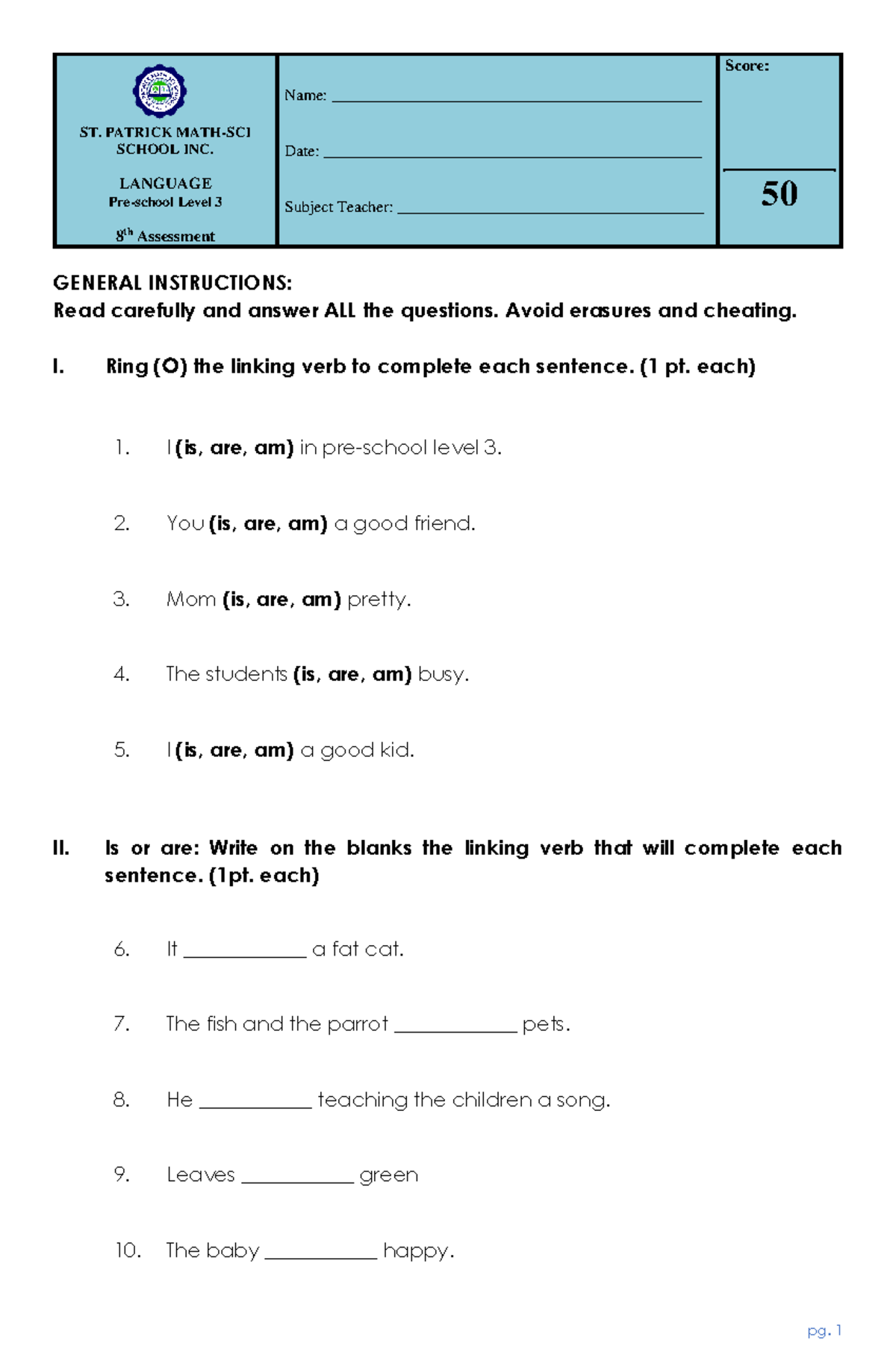 Language-L3 - a practice assessment - pg. 1 ST. PATRICK MATH-SCI SCHOOL ...