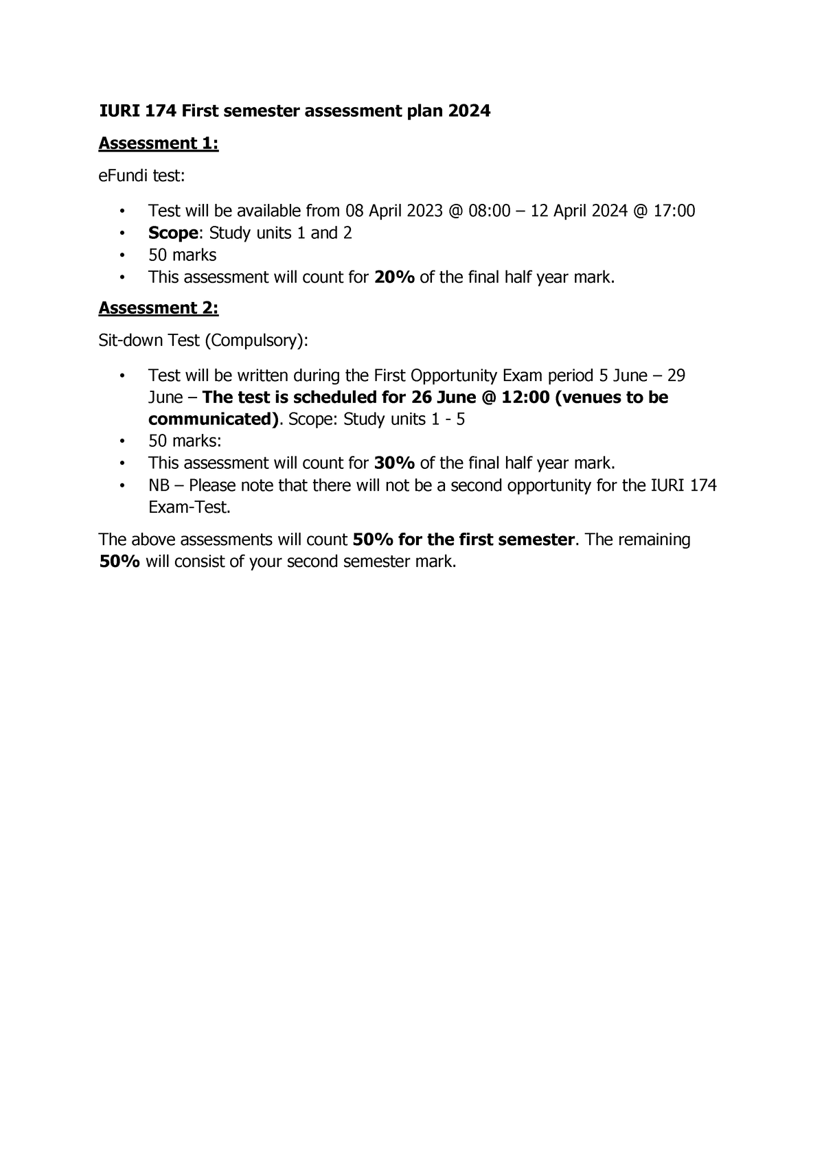 IURI 174 First Semester Assessment Plan 2024 - IURI 174 First Semester ...