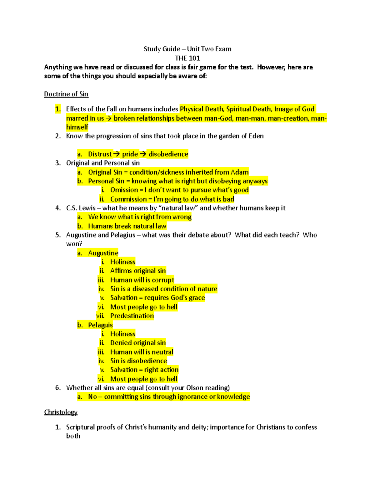 Theology Study Guide Exam 2 - Study Guide – Unit Two Exam THE 101 ...