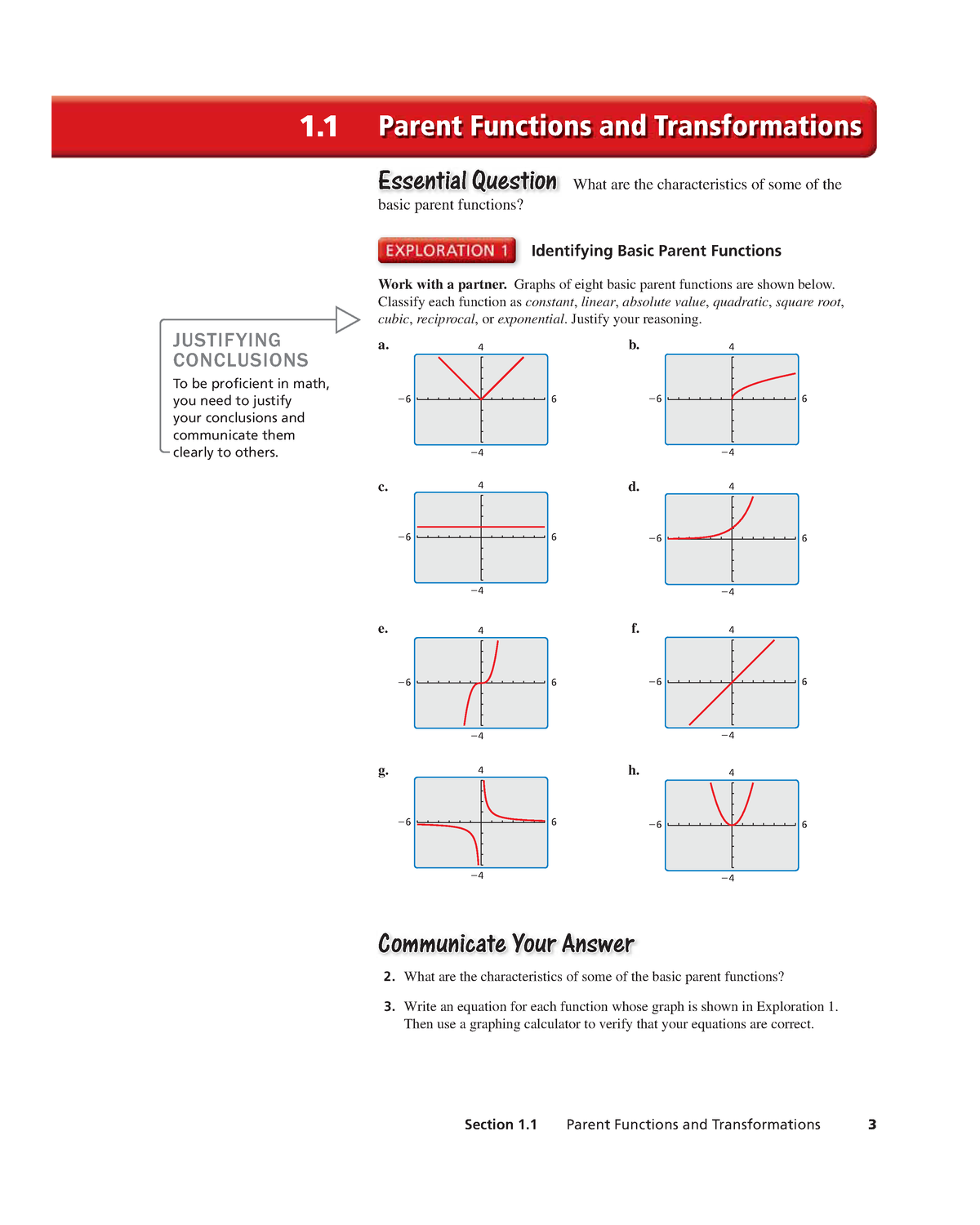 CTY AL2 1 1 CHAPTER 1 1 Section 1 Parent Functions And Transformations 3 1 Parent Functions 