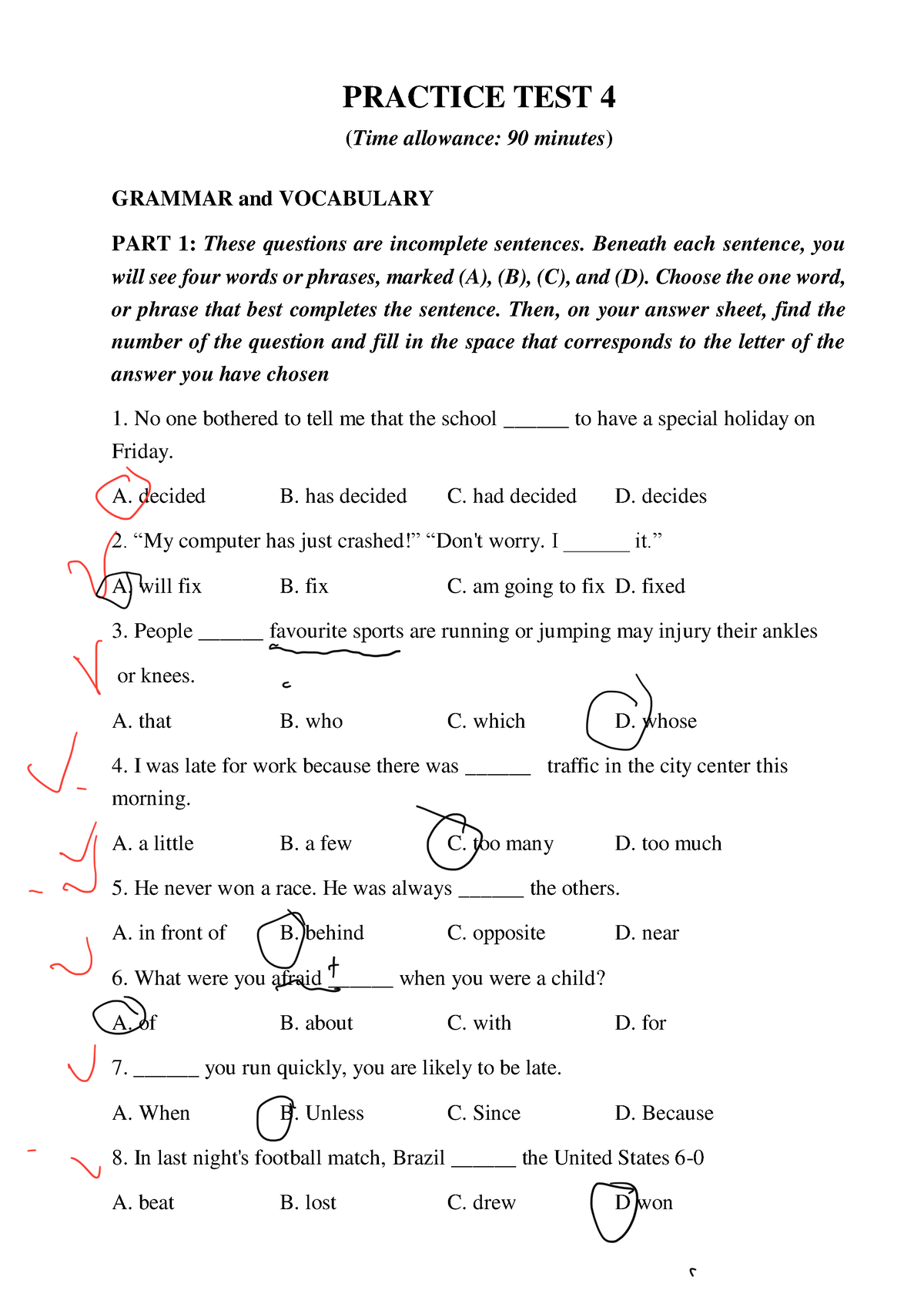 Practice Test 4 - PRACTICE TEST 4 (Time Allowance: 90 Minutes) GRAMMAR ...