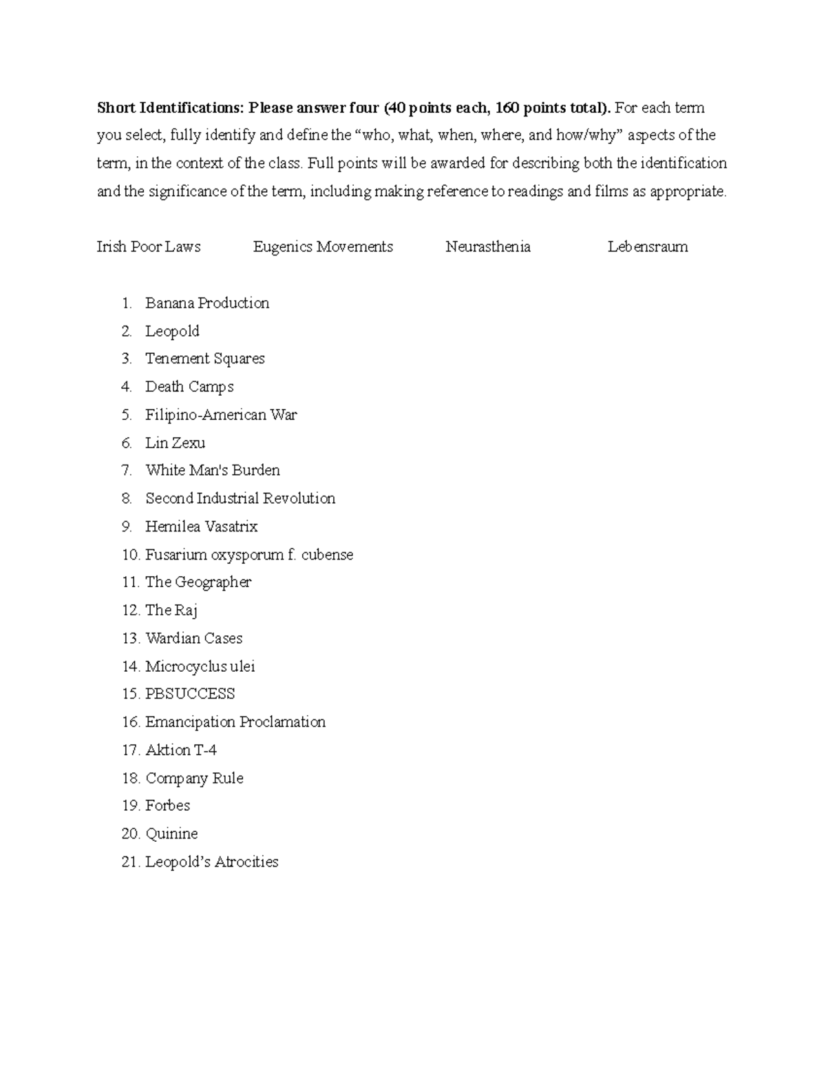 HIS139 Exam 2-2 - e32e - Short Identifications: Please answer four (40 ...