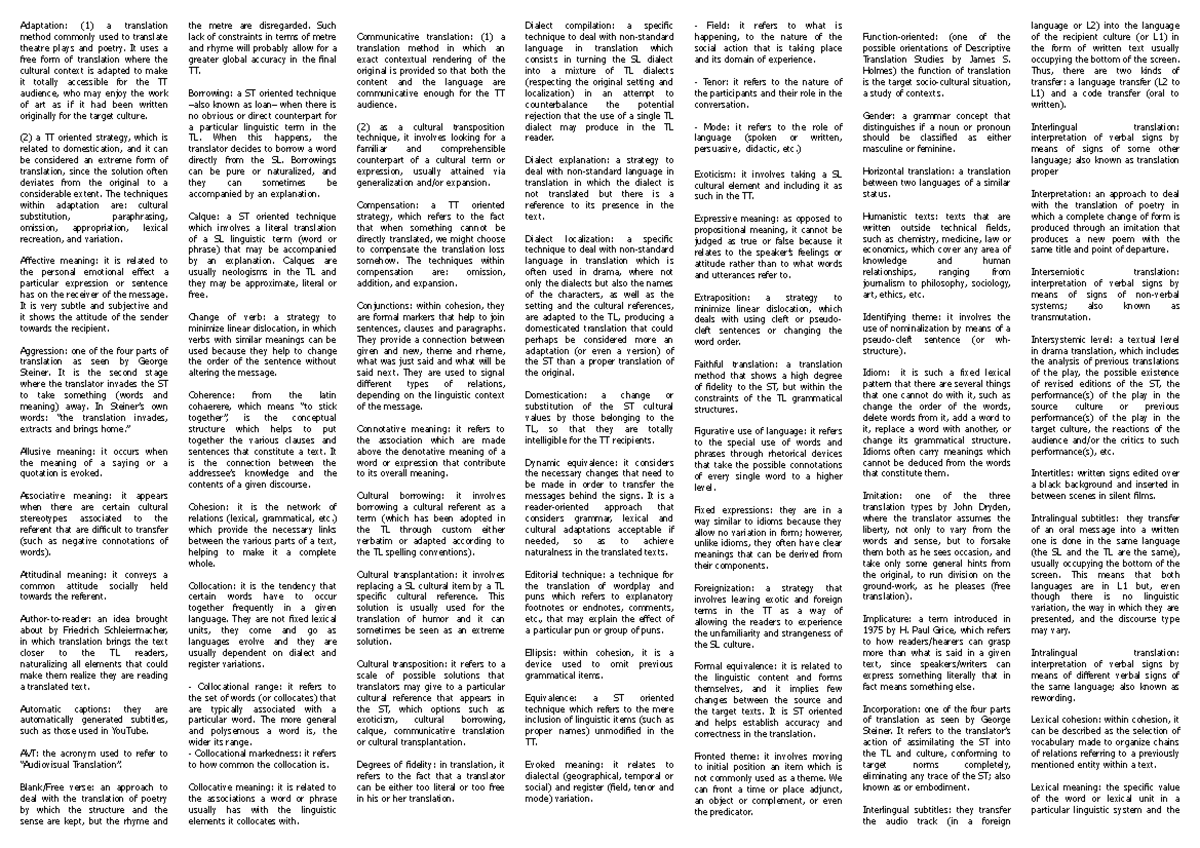 Conceptos clave Adaptation (1) a translation method commonly used to