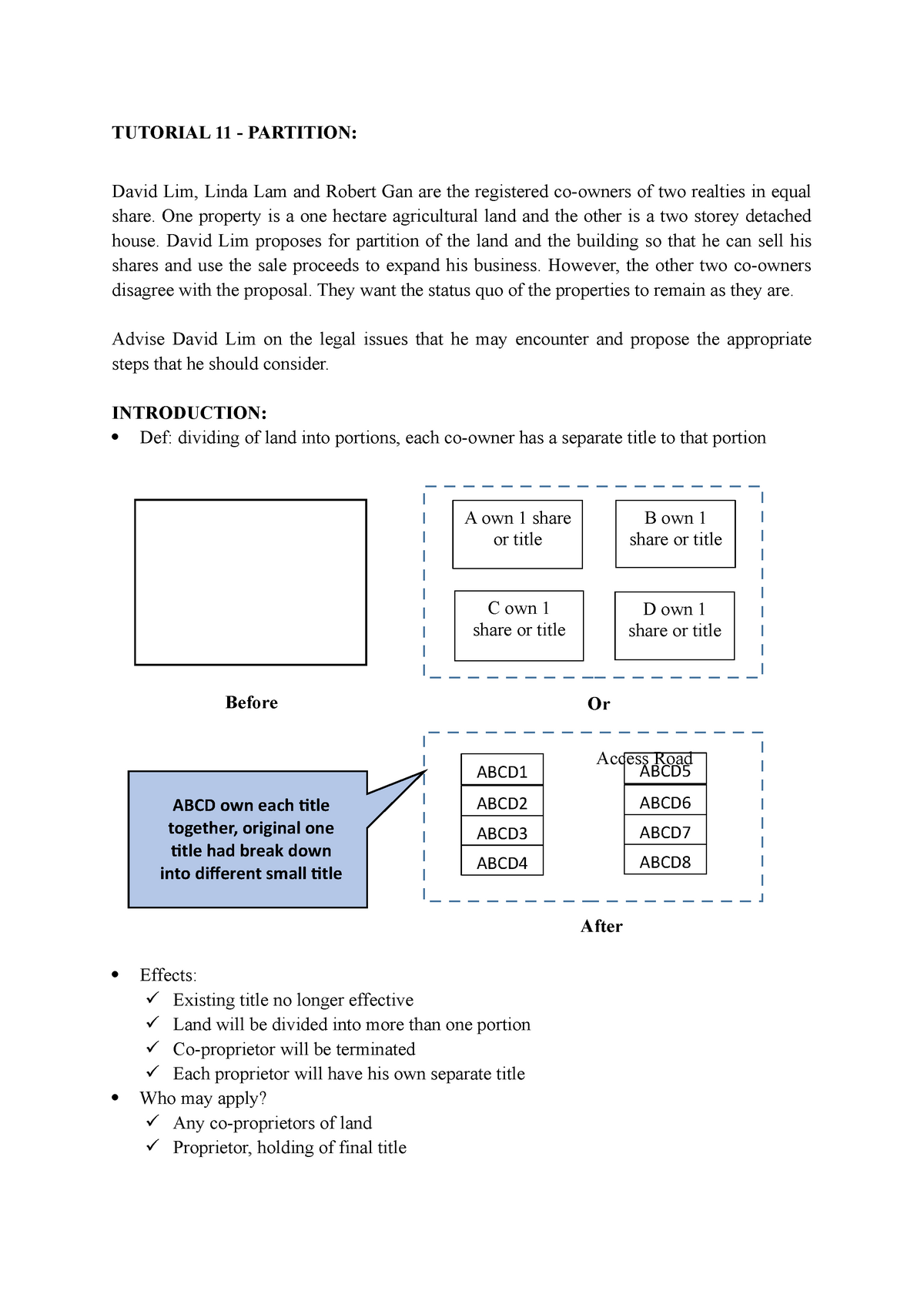 Tutorial11 partition in land law TUTORIAL 11 PARTITION David Lim