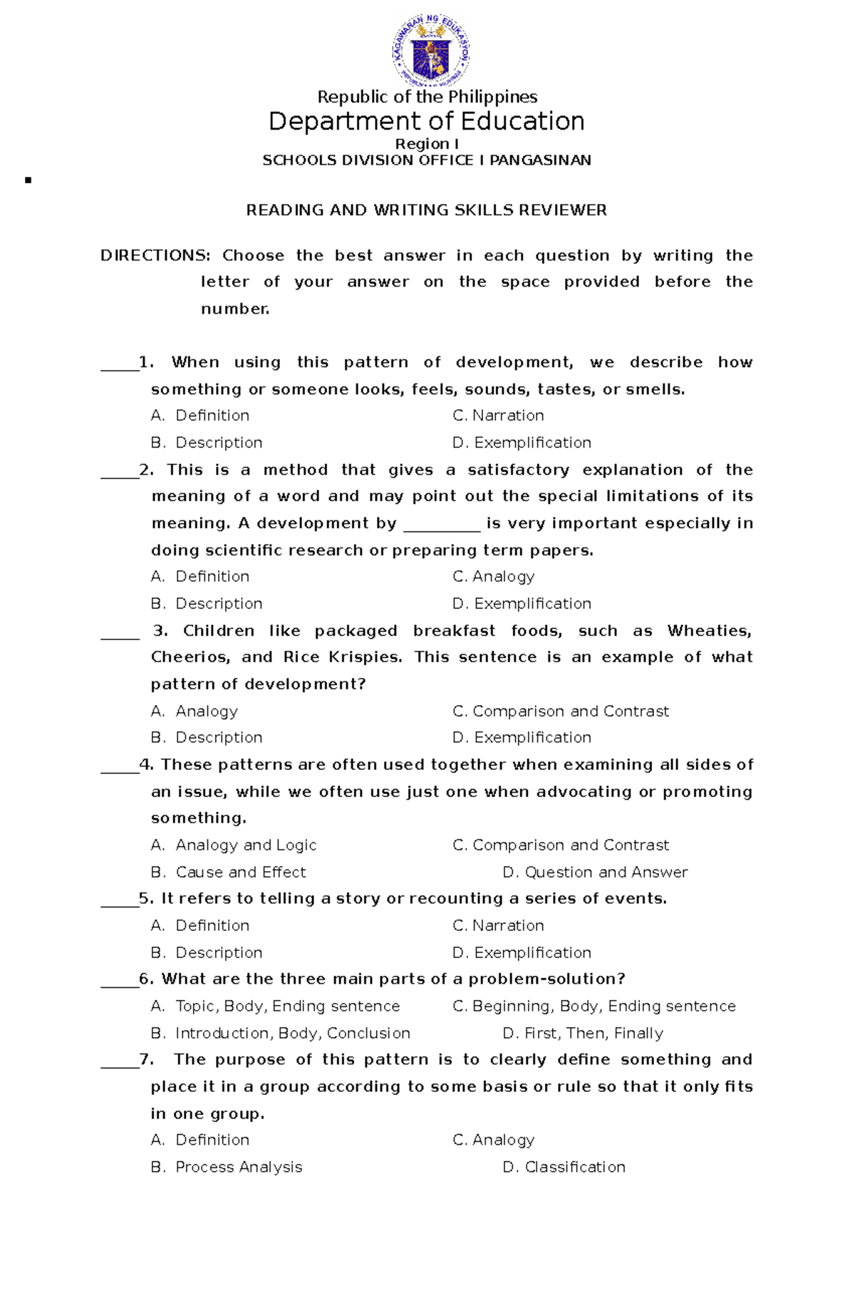 Reading AND Writing Skills NAT Reviewer Department of Education