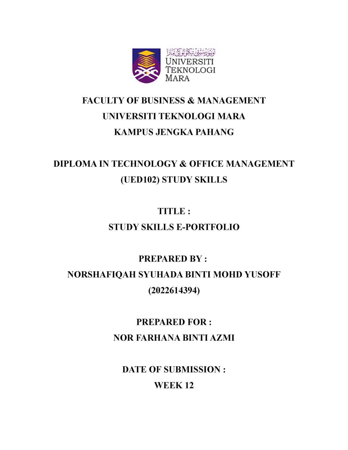 UED102 E- Portfolio - Study Skills - UiTM - Studocu