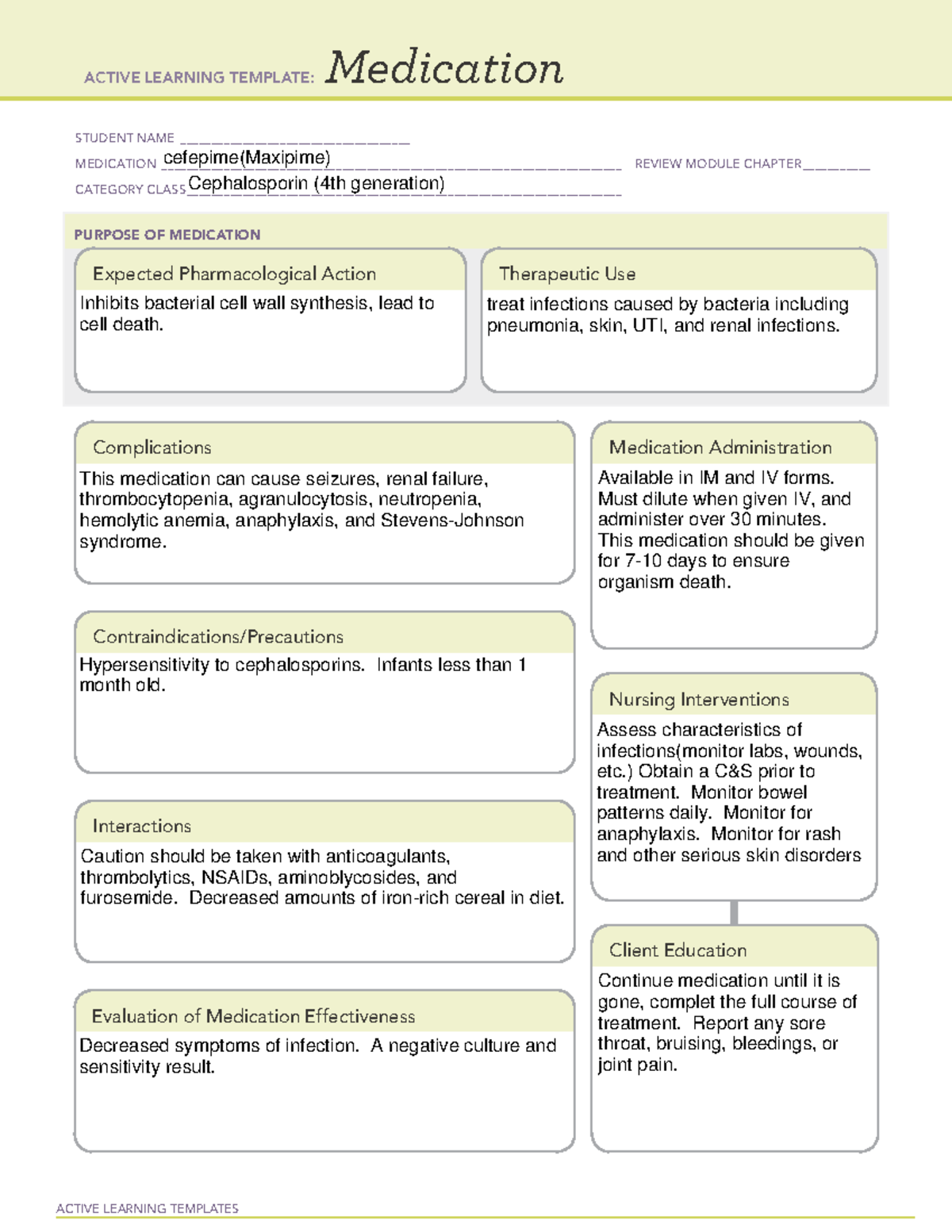 Cefepime - ACTIVE LEARNING TEMPLATES Medication STUDENT NAME