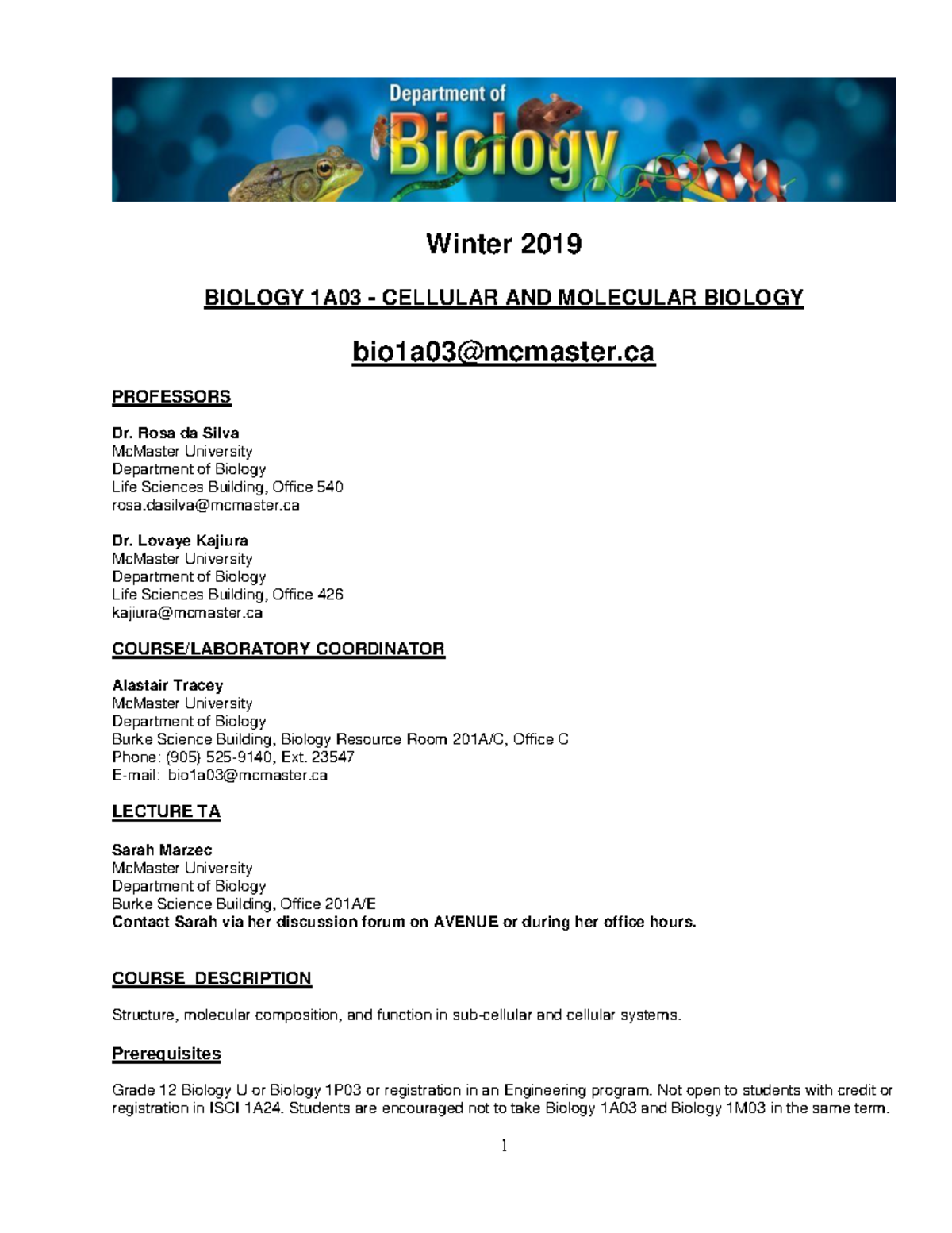 BIO 1A03 Syllabus - Winter 2019 BIOLOGY 1A03 CELLULAR AND MOLECULAR ...