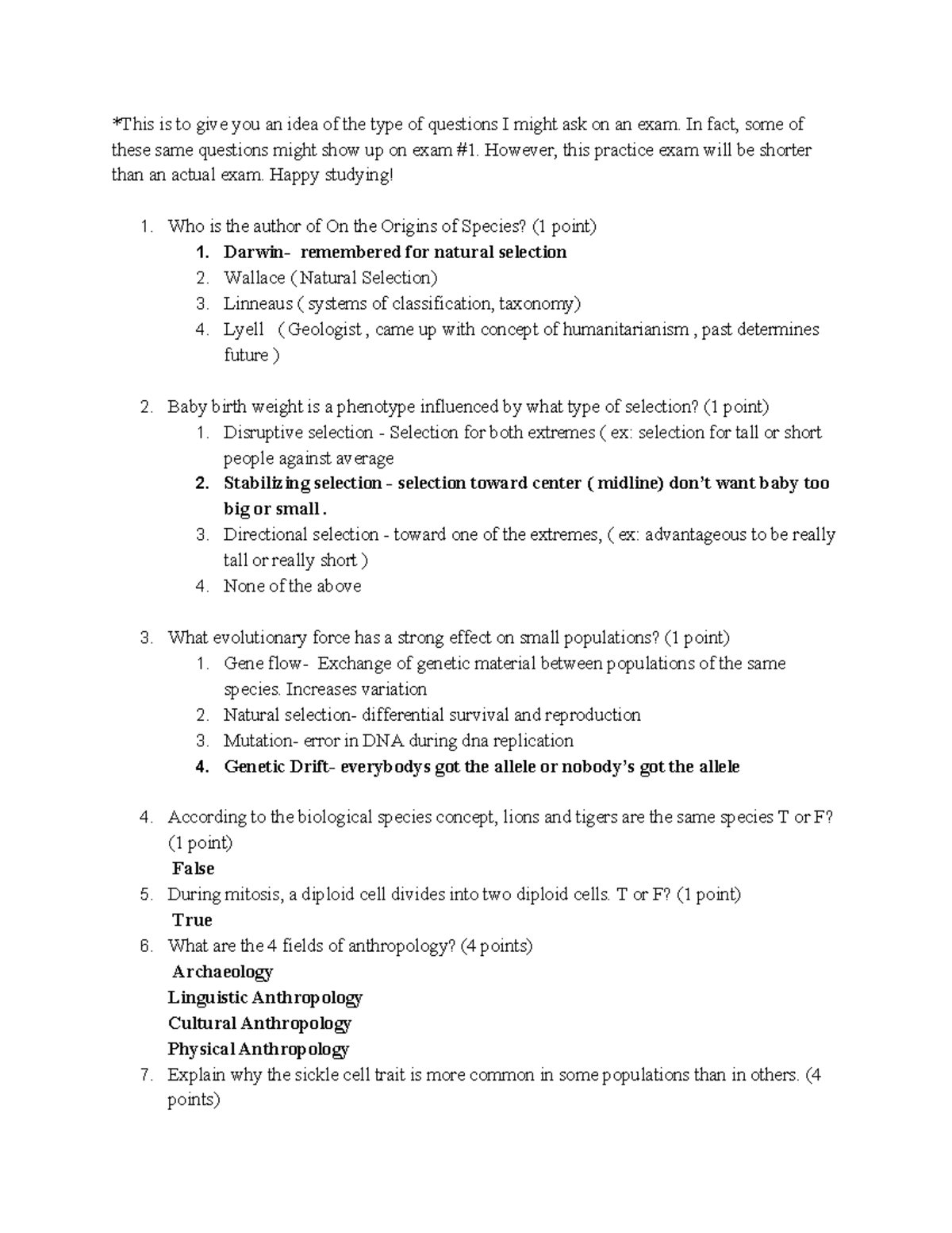 Anthro review exam 1 - Lecture notes 1-5 - *This is to give you an idea ...
