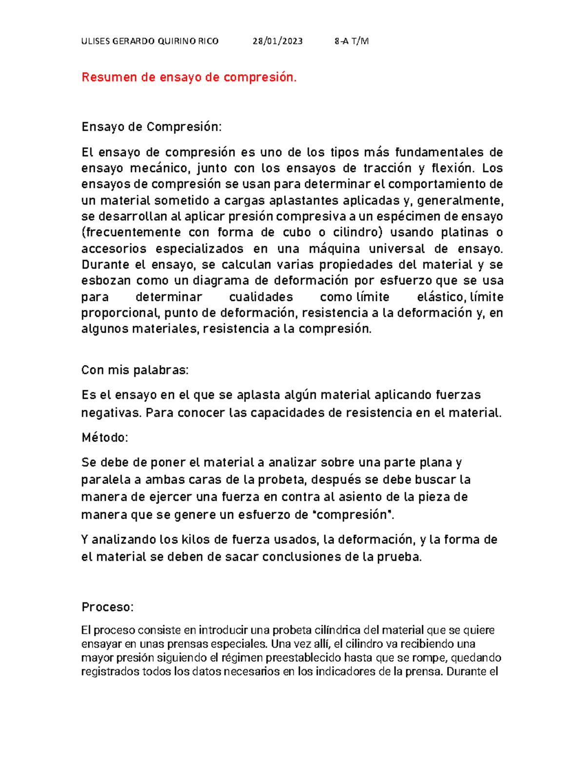 Analisis De Materiales - Resumen De Ensayo De Compresión. Ensayo De ...