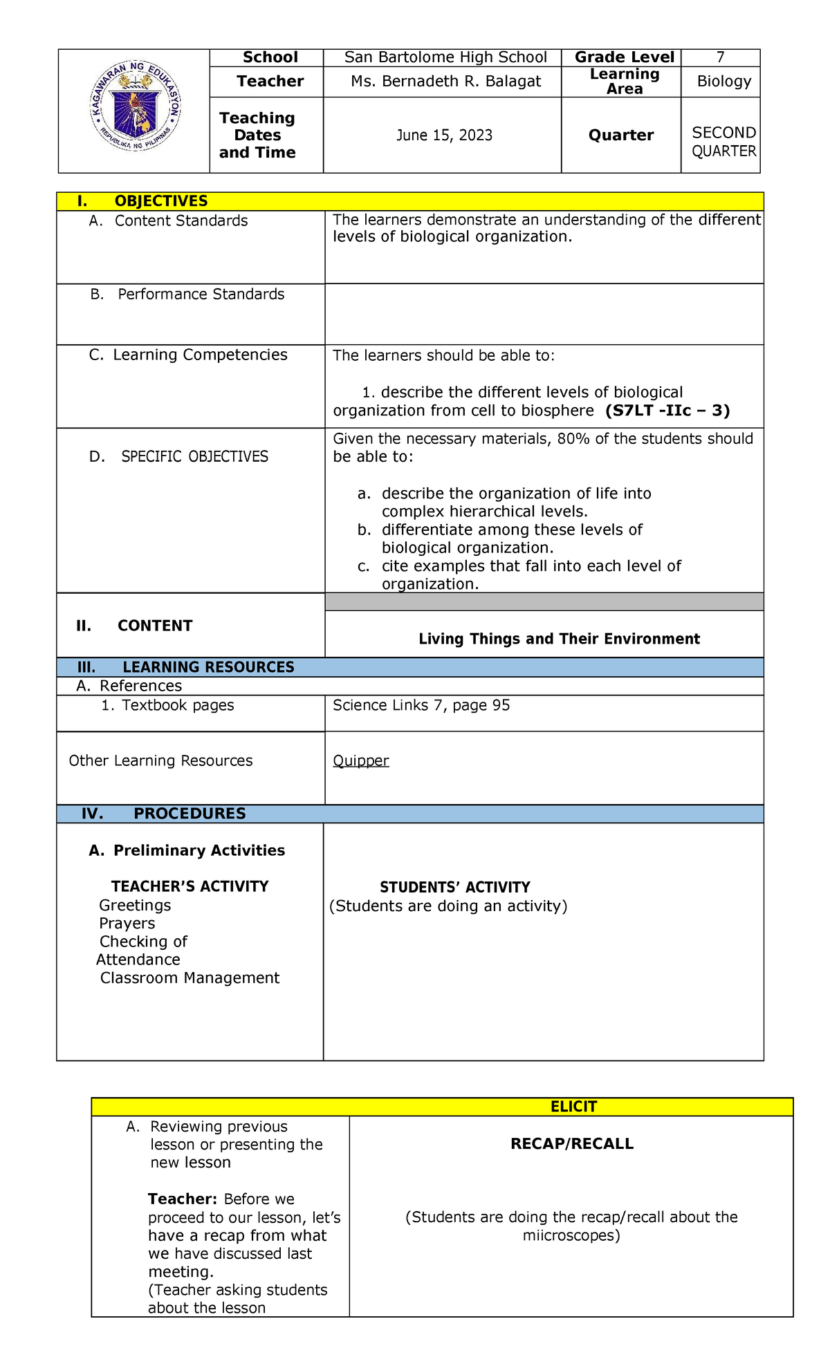 Learning PLAN (DEMO QC) - School San Bartolome High School Grade Level ...