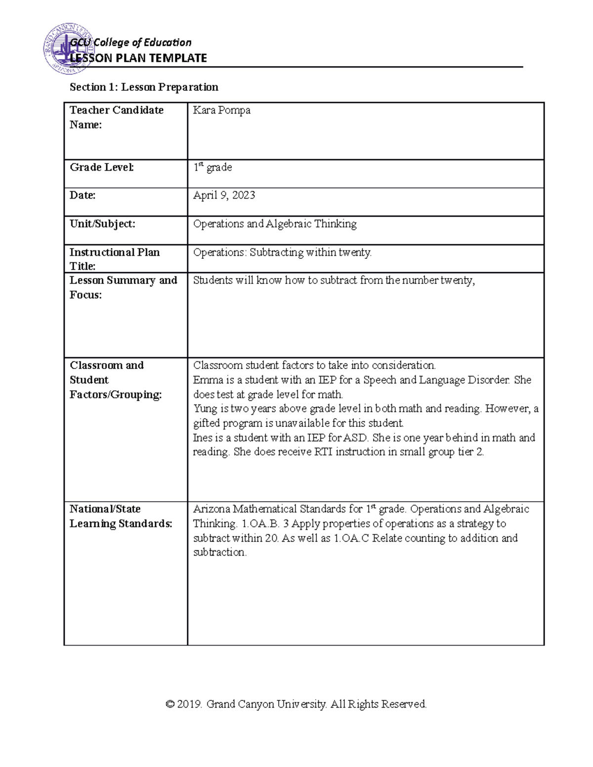 Topic 6 Example - LESSON PLAN TEMPLATE Section 1: Lesson Preparation ...