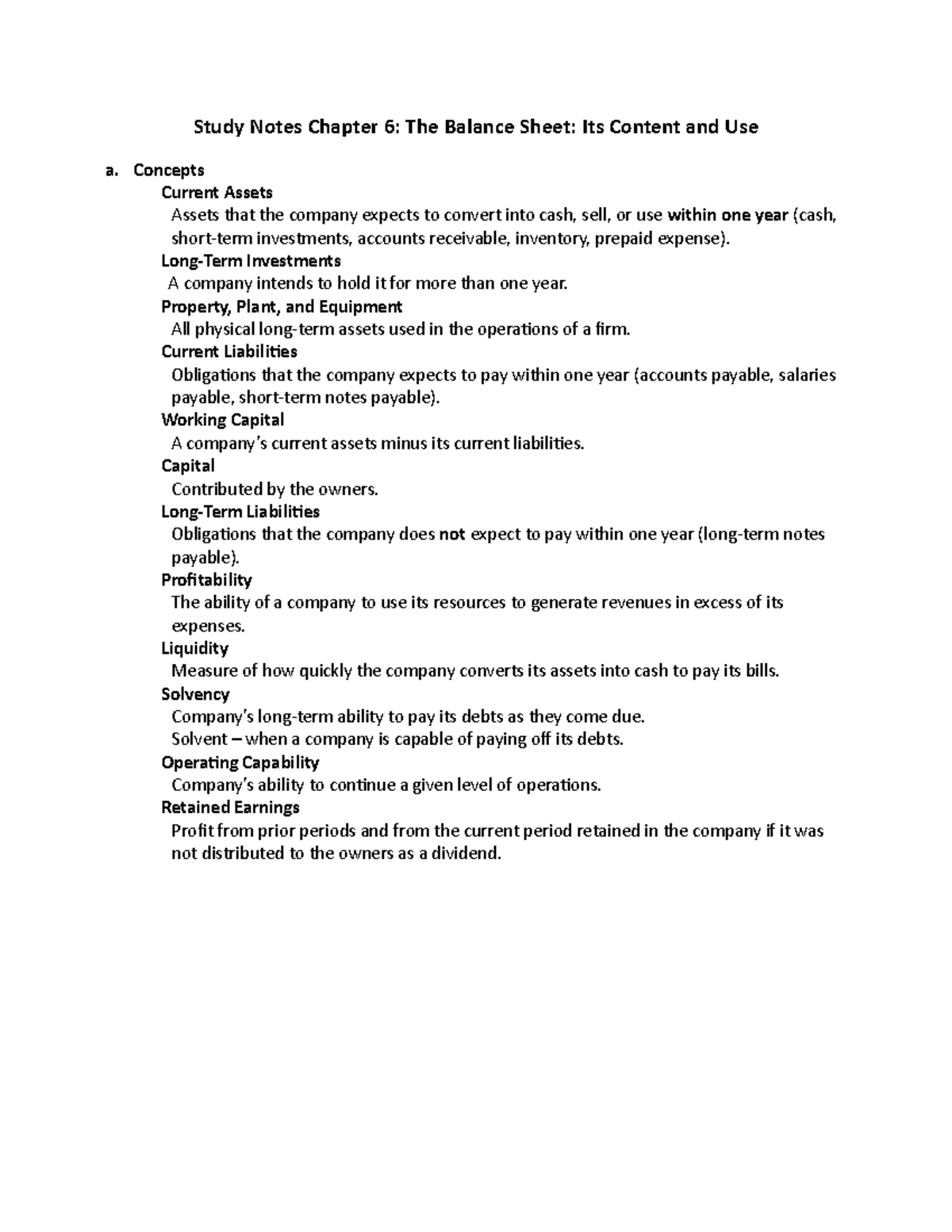 Study Notes Chapter 6 - Concepts Current Assets Assets that the company ...