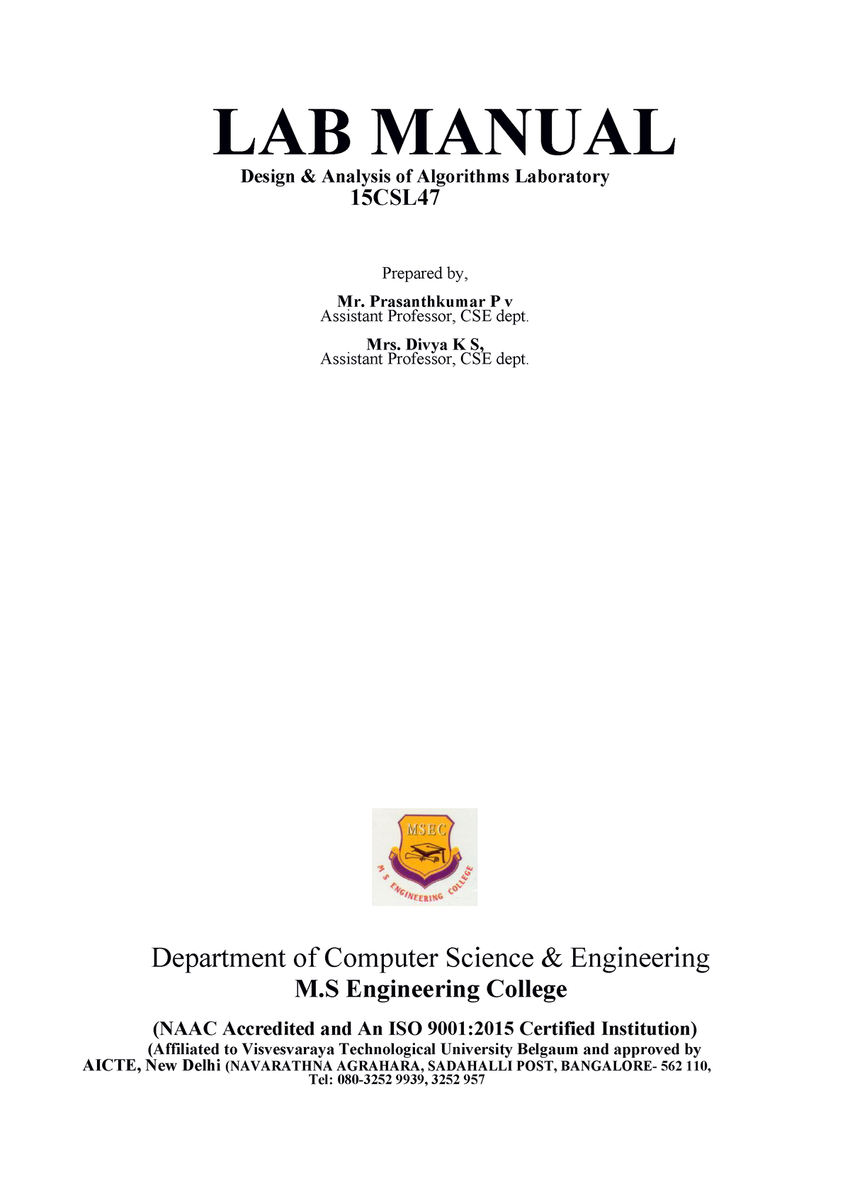 VTU Lab Mannual - LAB MANUAL Design & Analysis of Algorithms Laboratory