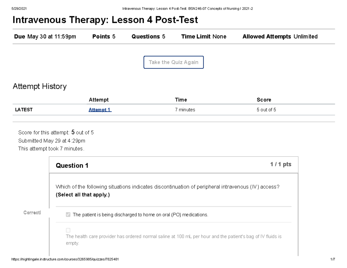 Intravenous Therapy Lesson 4 PostTest BSN24607 Concepts of Nursing I 20212 Intravenous
