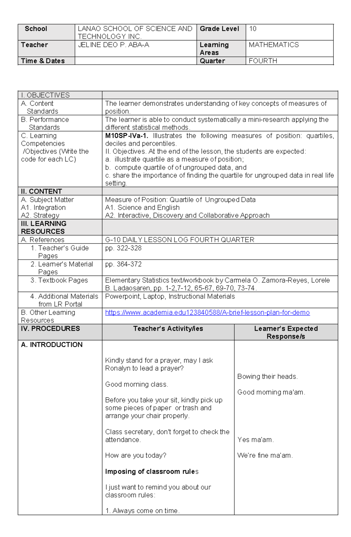 3Is lesson plan - School LANAO SCHOOL OF SCIENCE AND TECHNOLOGY INC ...