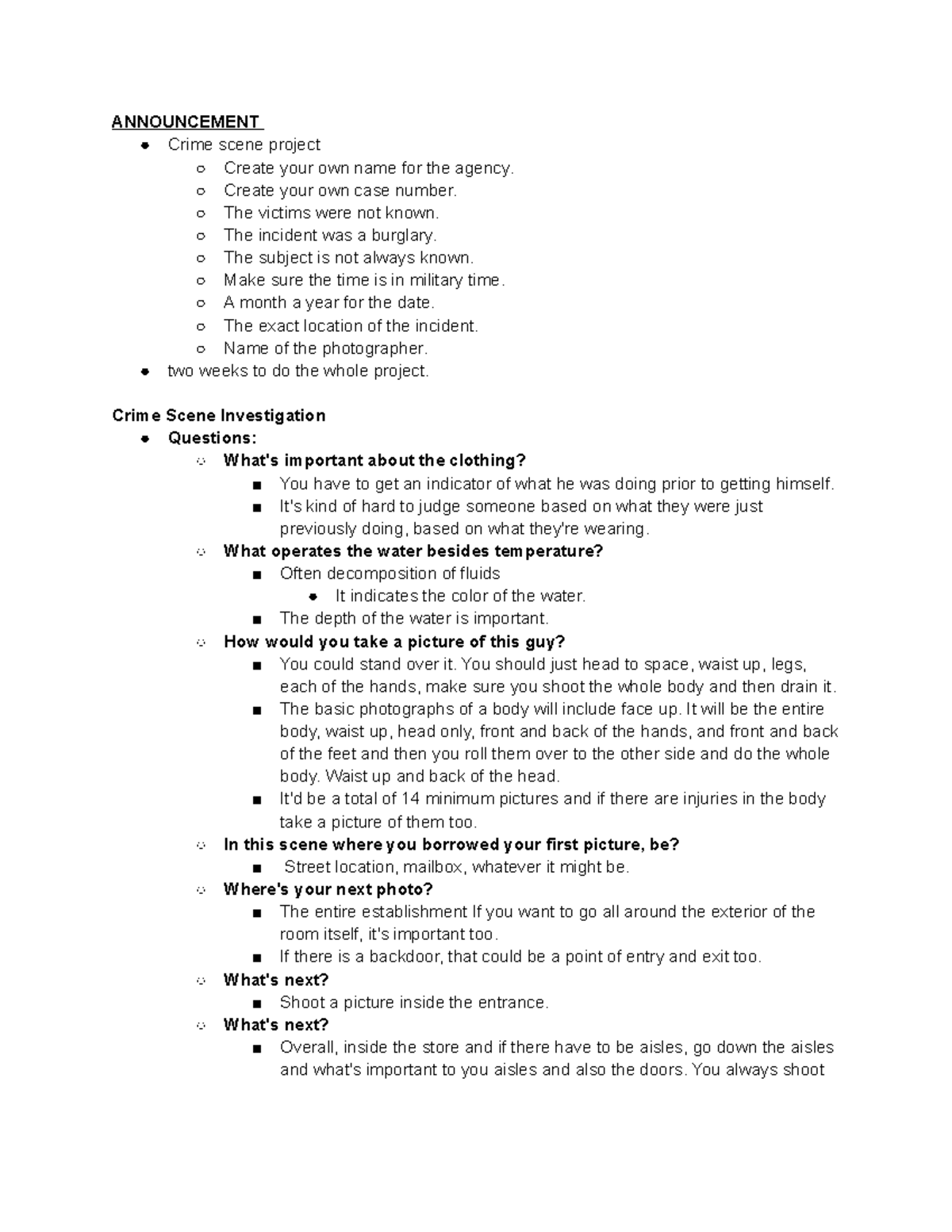 Forensics notes 9 - ANNOUNCEMENT Crime scene project Create your own ...