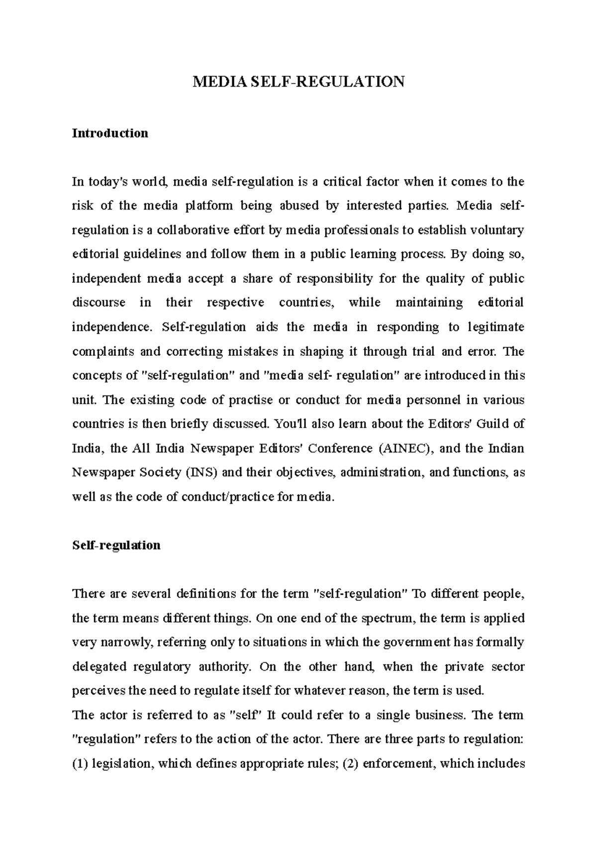 Media SELF Regulation MEDIA SELFREGULATION Introduction In today's