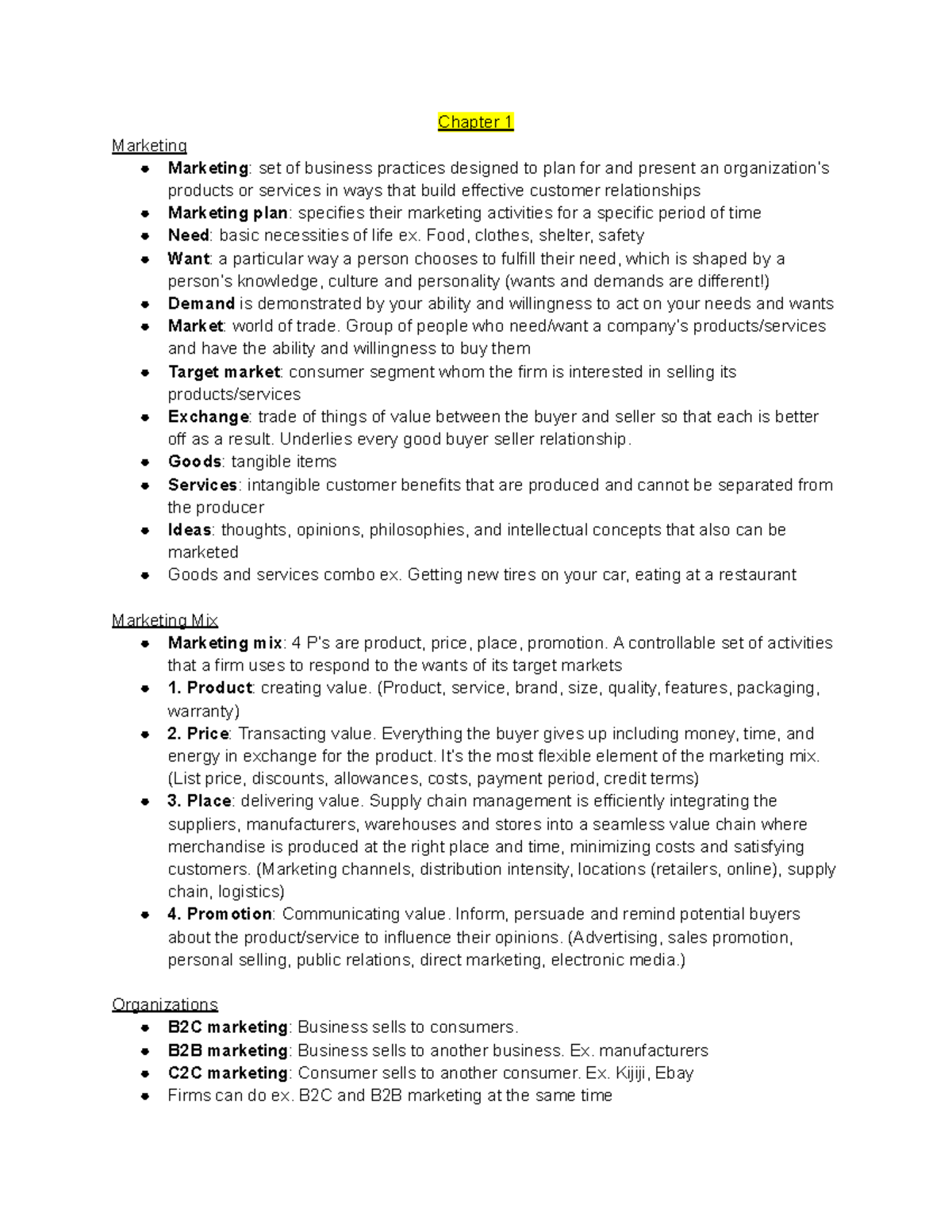 1MA3 Marketing Notes - Chapter 1 Marketing Marketing : set of business ...