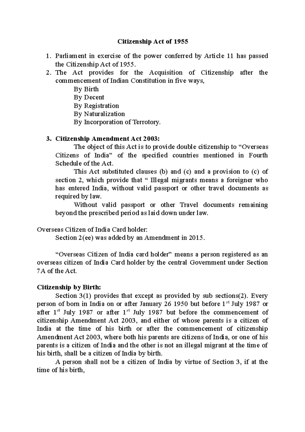 Notes on class basis - Citizenship Act of 1955 Parliament in exercise ...