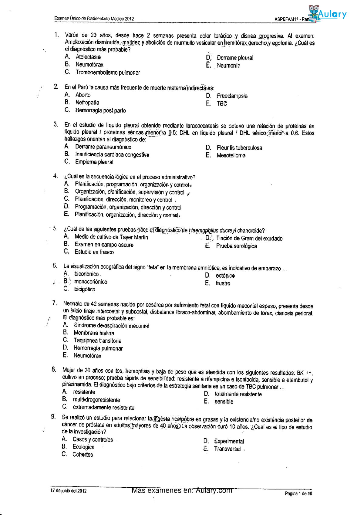 Examen 2012 - Aulary - Examen I De Residentado T\4édico 2012 ASPEFAMIl ...