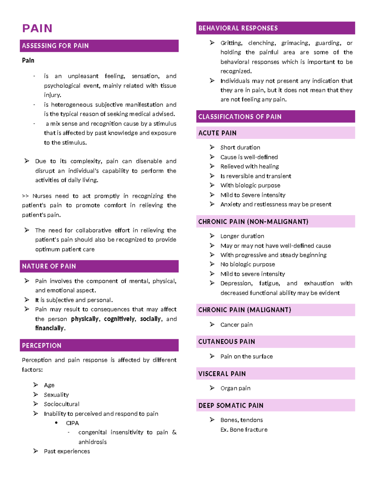 PAIN - assessing pain - PAIN ASSESSING FOR PAIN Pain - is an unpleasant ...