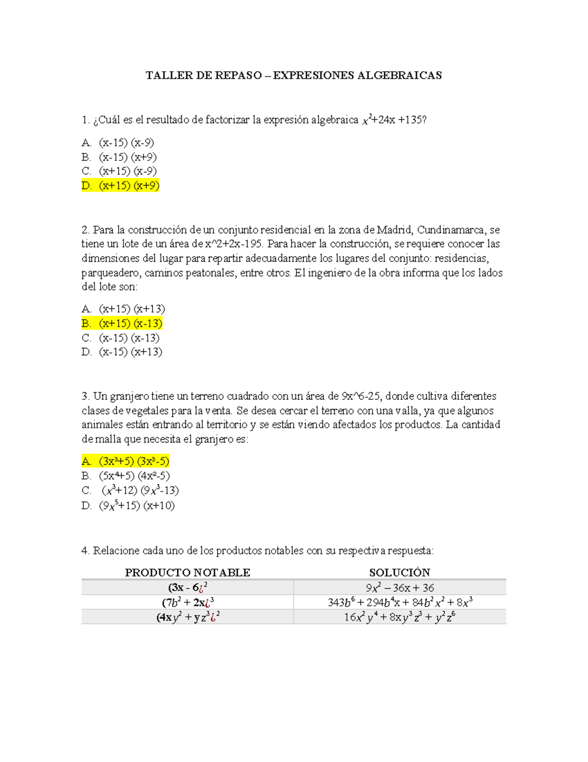 Expresiones Algebraicas - TALLER DE REPASO – EXPRESIONES ALGEBRAICAS ...