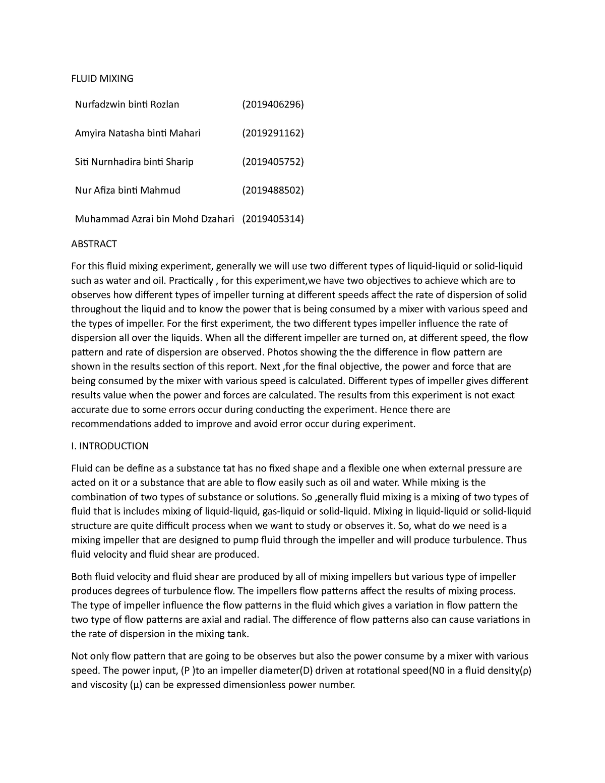 Lab Report fluid mixing - FLUID MIXING Nurfadzwin binti Rozlan ...