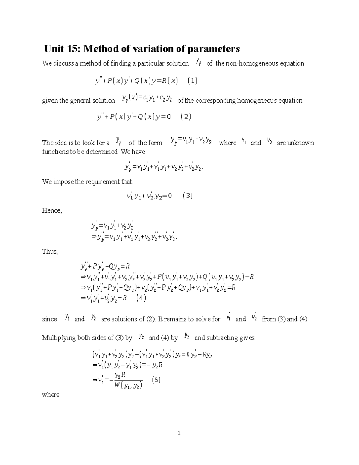 Unit 15 variation of parameters - Unit 15: Method of variation of ...