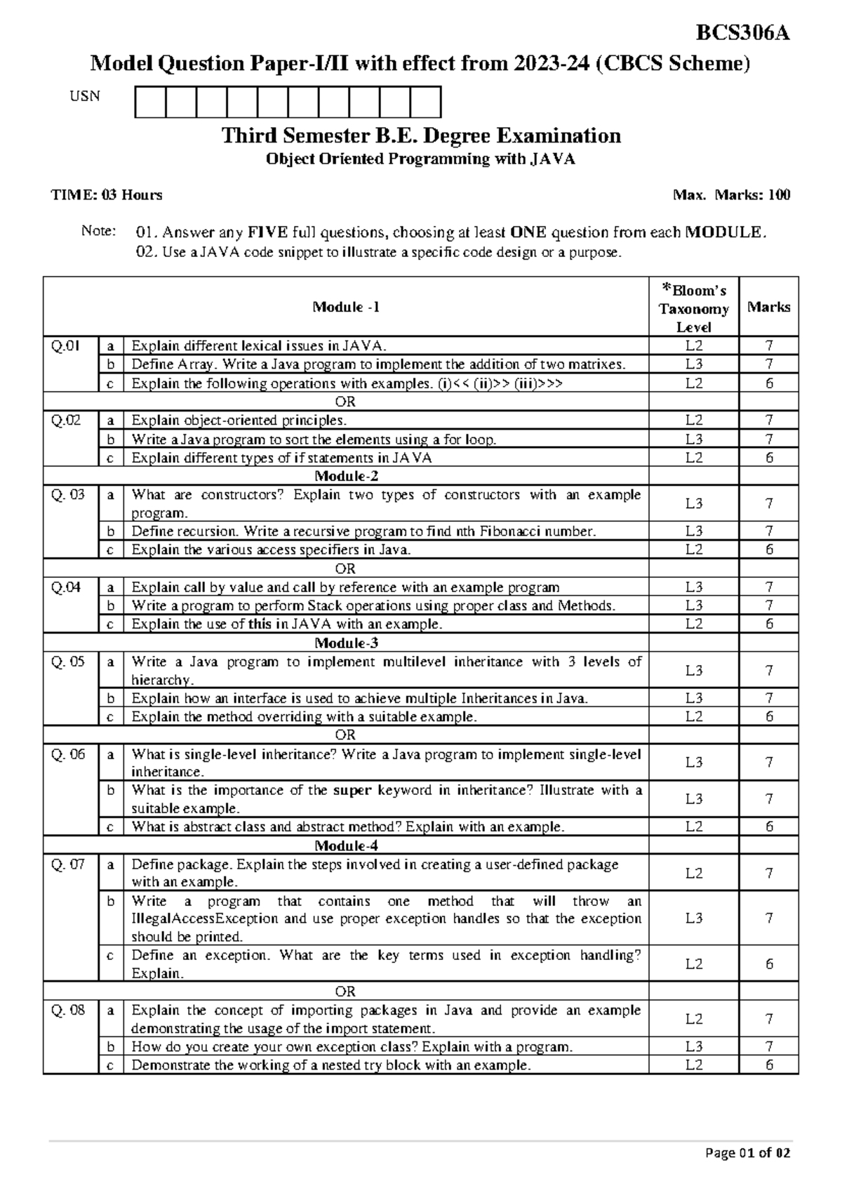 BCS306A - BCS306A Page 0 1 of 02 Model Question Paper-I/II with effect ...