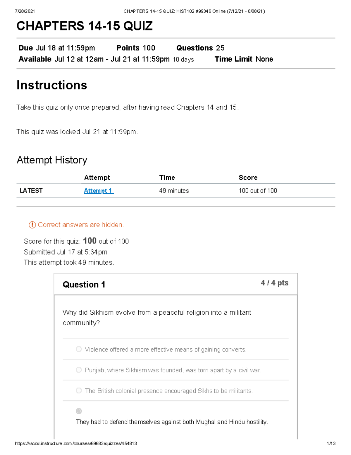 Chapters 14-15 QUIZ HIST102 #99346 Online (7 12 21 - 8 08 21 ...