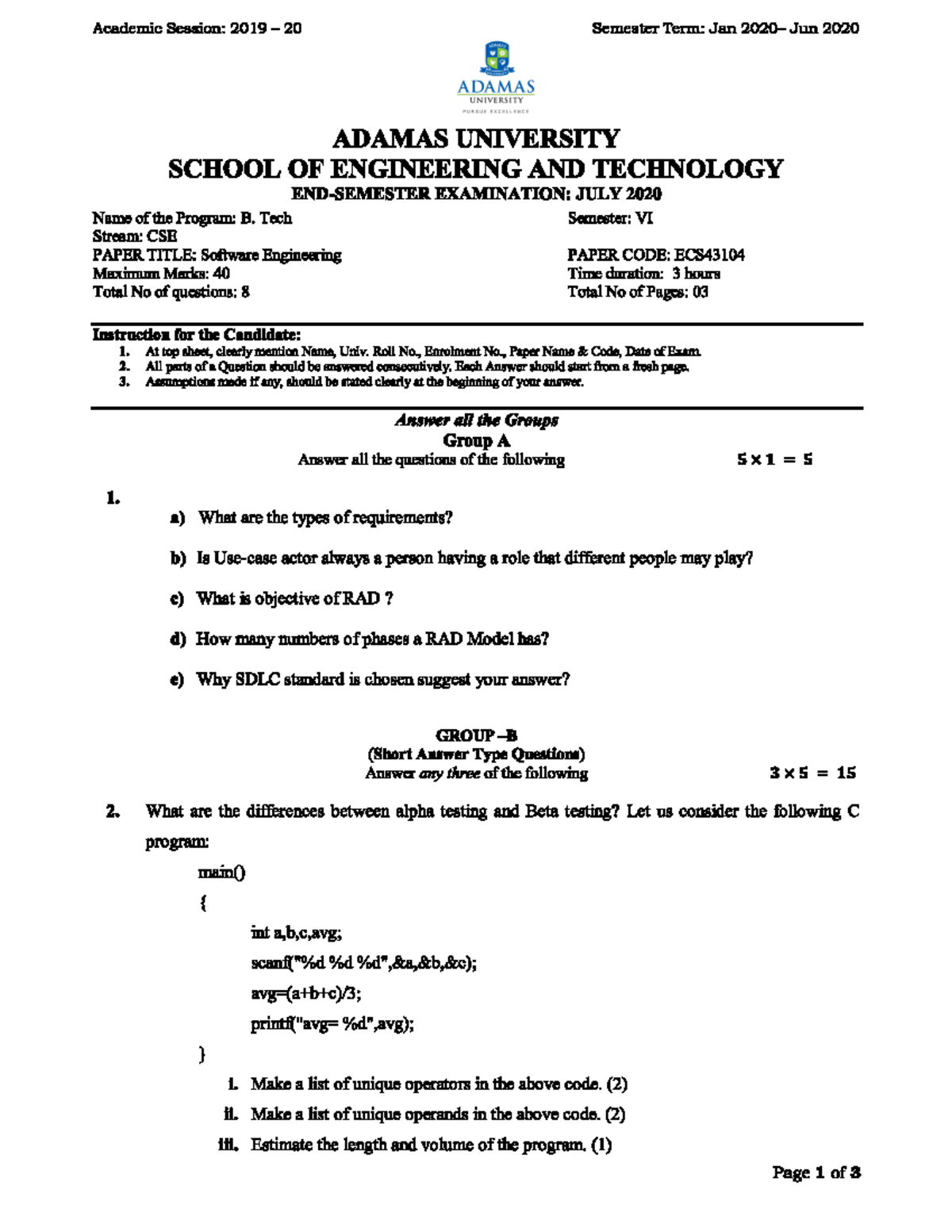 Software Engineering-II - Academic Session: 2019 20 Semester Term: Jan ...
