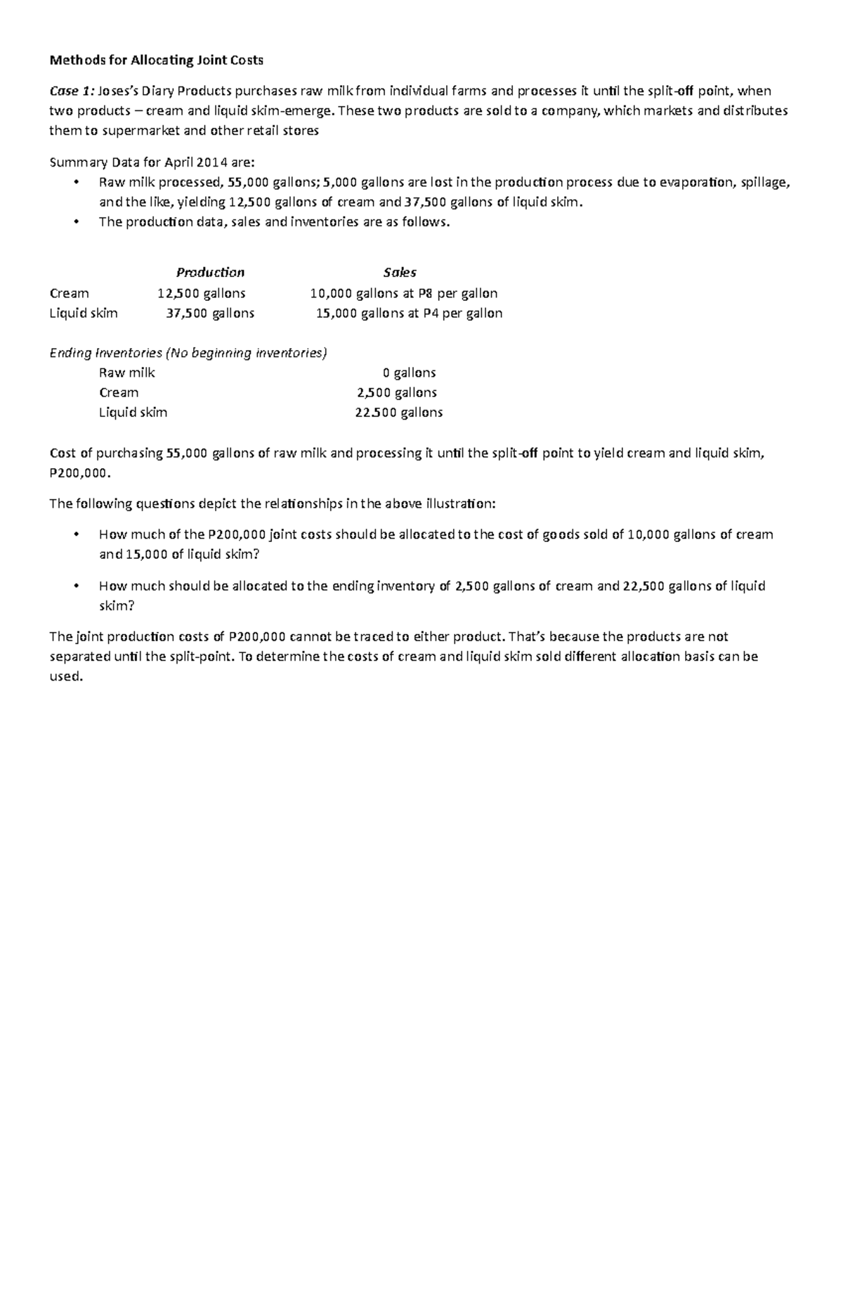 Cost Finals 2 Problemss - Methods for Allocating Joint Costs Case 1 ...