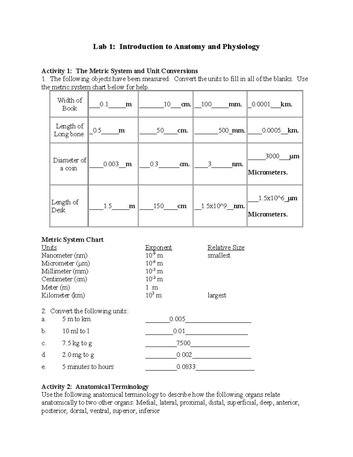 Biol 105 Lab 1 Lab Lab 1 Introduction To Anatomy And Physiology Activity 1 The Metric 