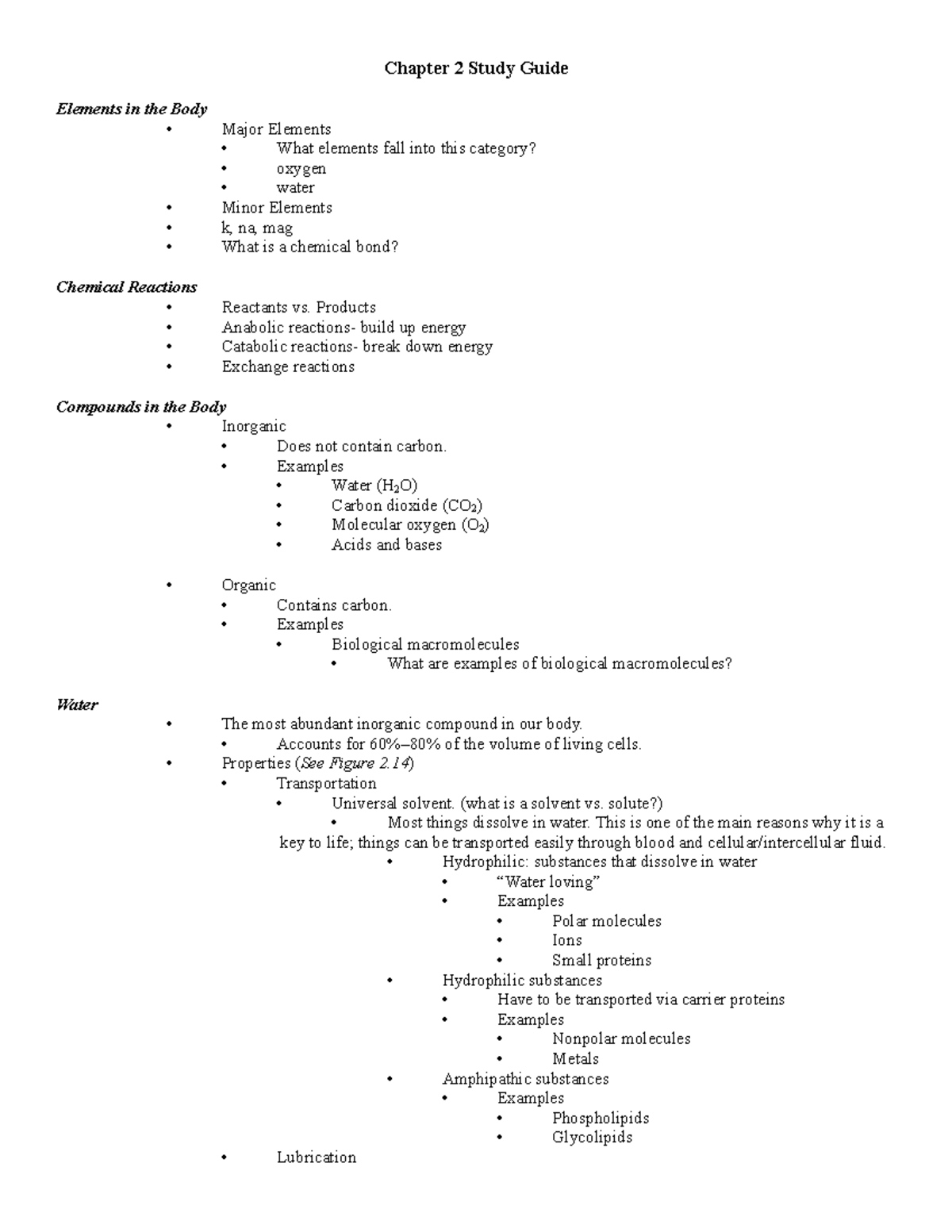 Chapter 2 - Study Guide - Chapter 2 Study Guide Elements in the Body ...