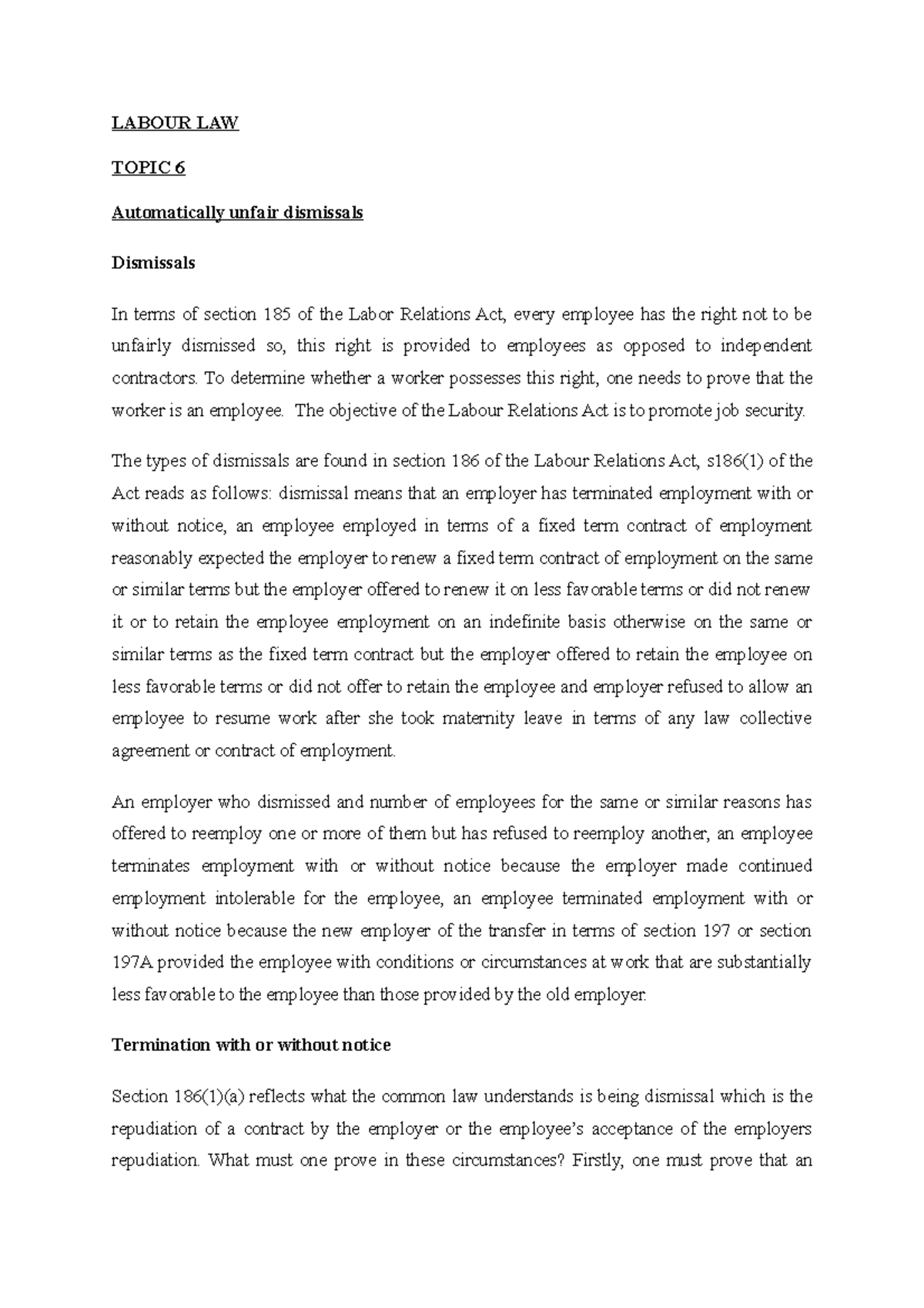 Theme 6 - TRANSCRIBED LECTURE NOTES. - LABOUR LAW TOPIC 6 Automatically ...