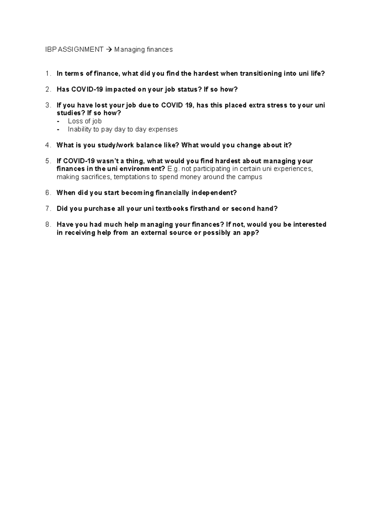 IBP part 1 questions - IBP ASSIGNMENT Managing finances In terms of ...