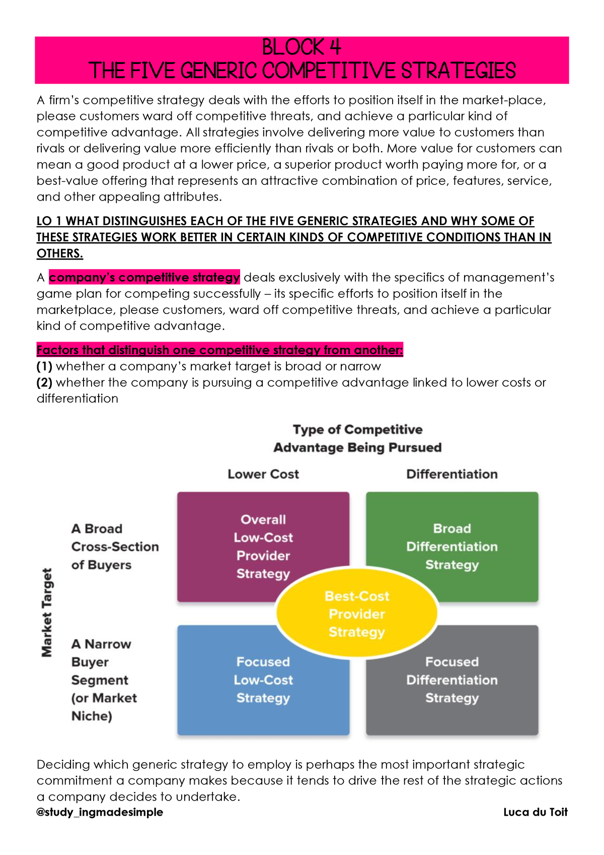 Block 4 THE FIVE Generic Competitive Strategies - A firm’s competitive ...