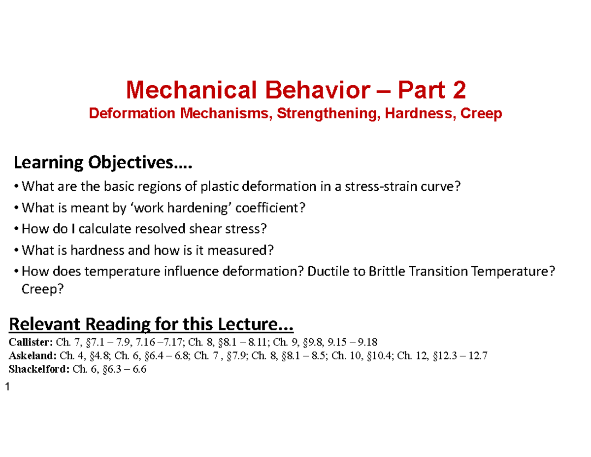 15 MTE 271 Mechanical Behavior Part2-S2019 - Mechanical Behavior – Part ...