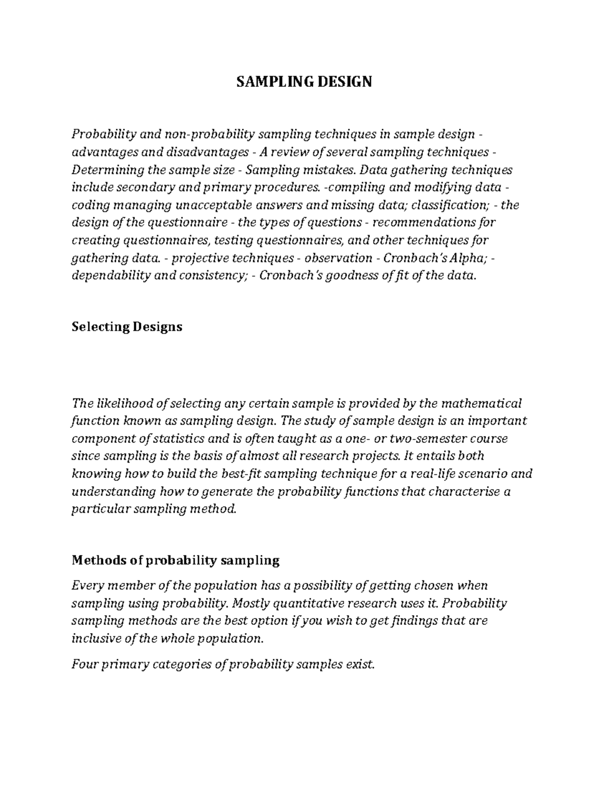 Sampling Design - SAMPLING DESIGN Probability and non-probability ...
