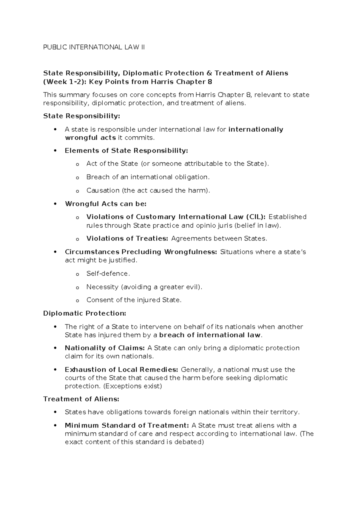 PIL Notes 2 - PUBLIC INTERNATIONAL LAW II State Responsibility ...