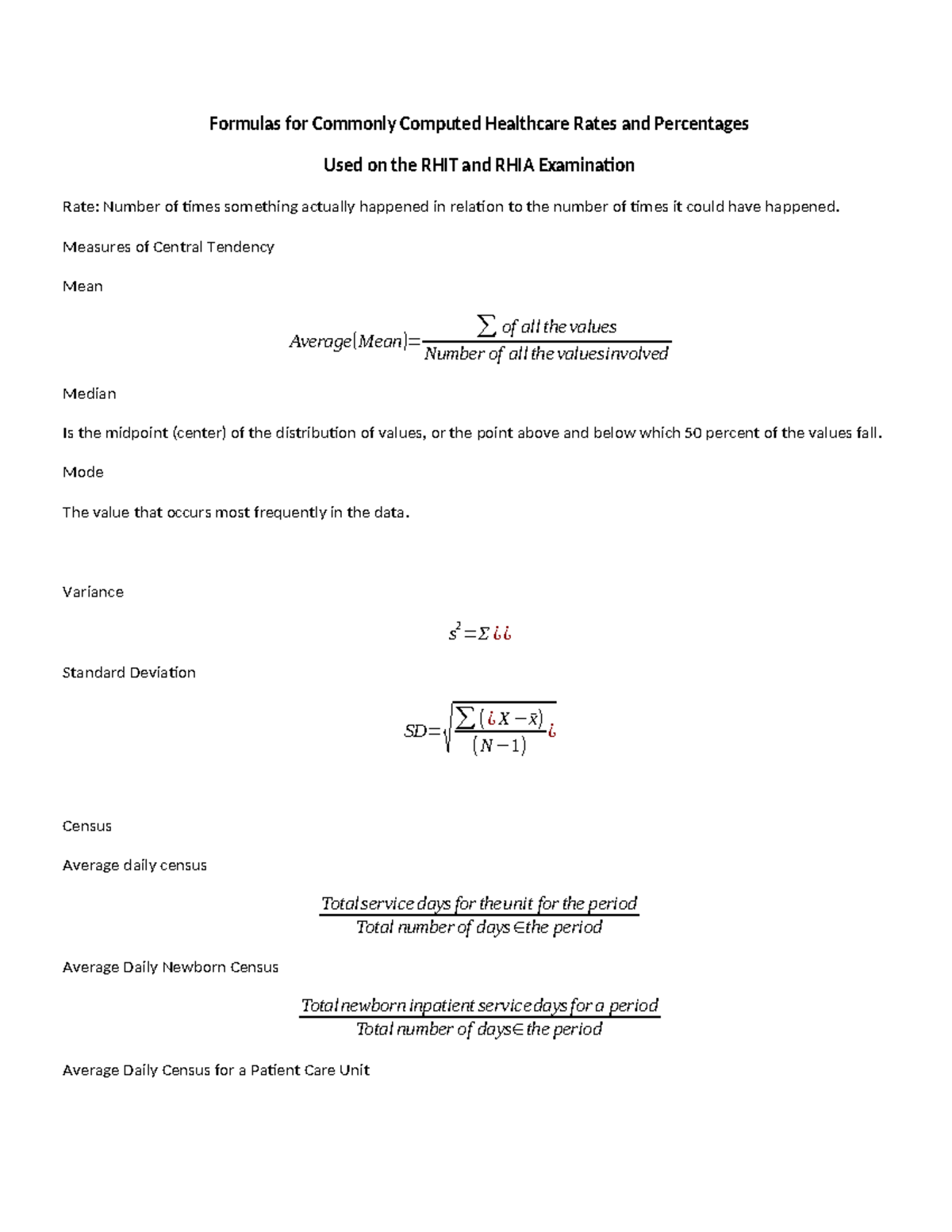 Hospital Statistics Basic Formulae Formulas for Commonly Computed