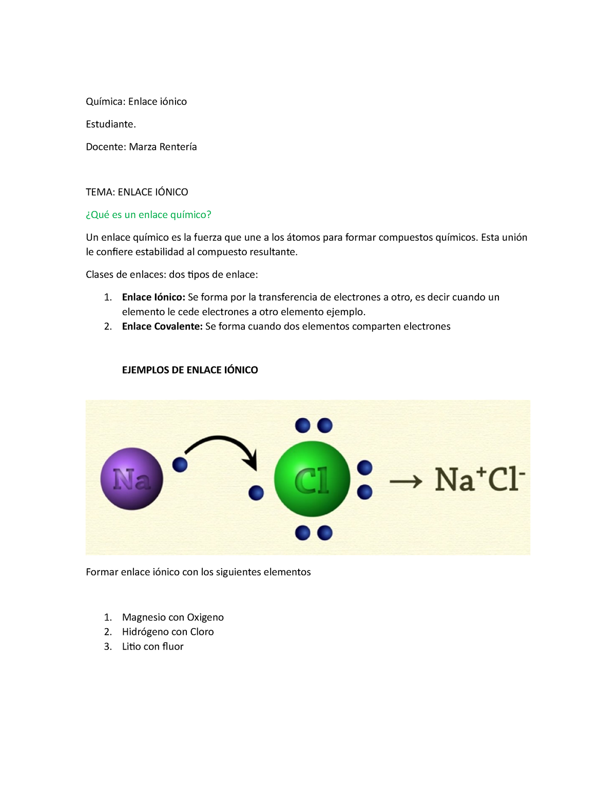 Enlace Iónico 1 - Química: Enlace Iónico Estudiante. Docente: Marza ...