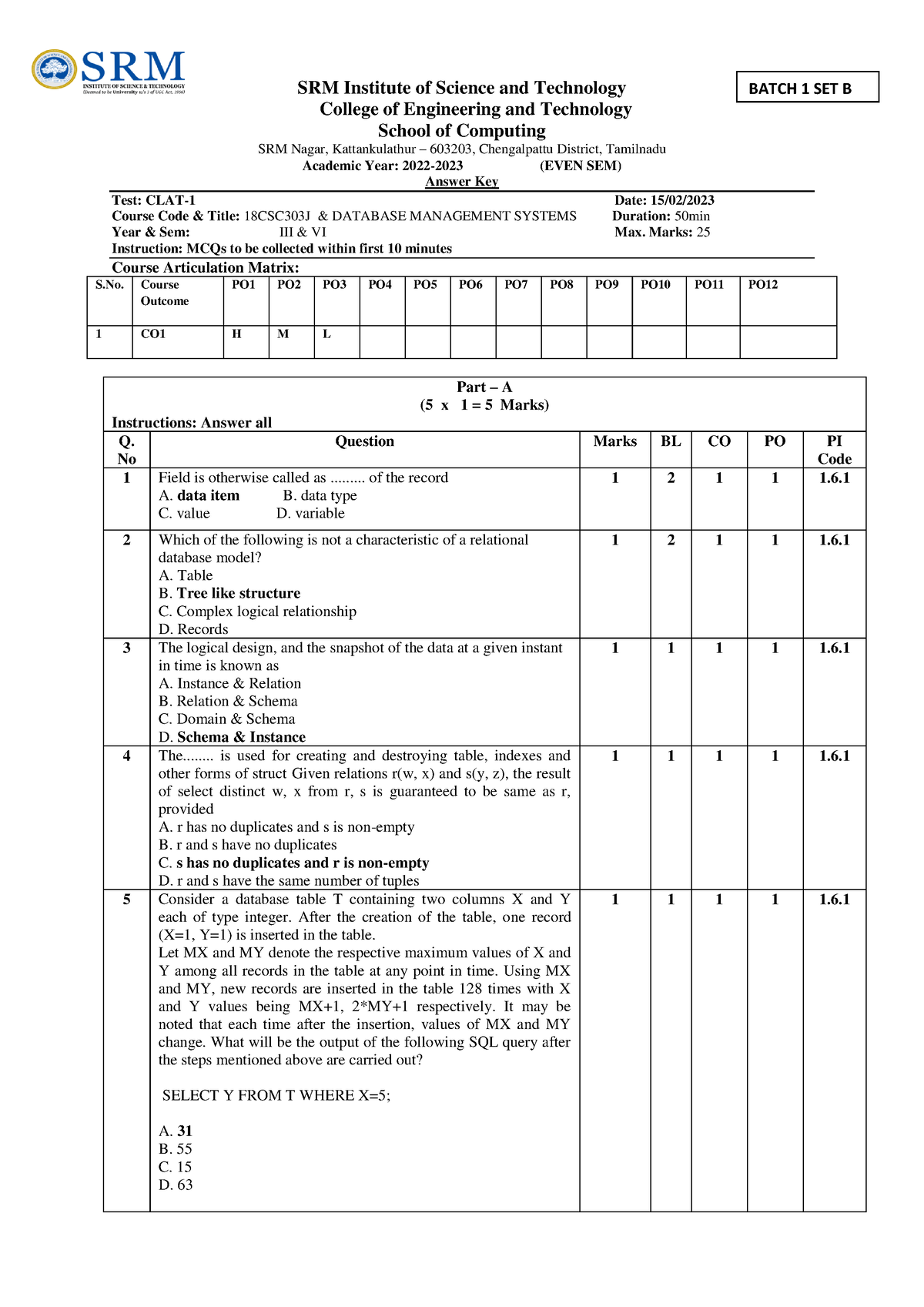 Answer key Batch 1 SET B - bnhgn - SRM Institute of Science and ...