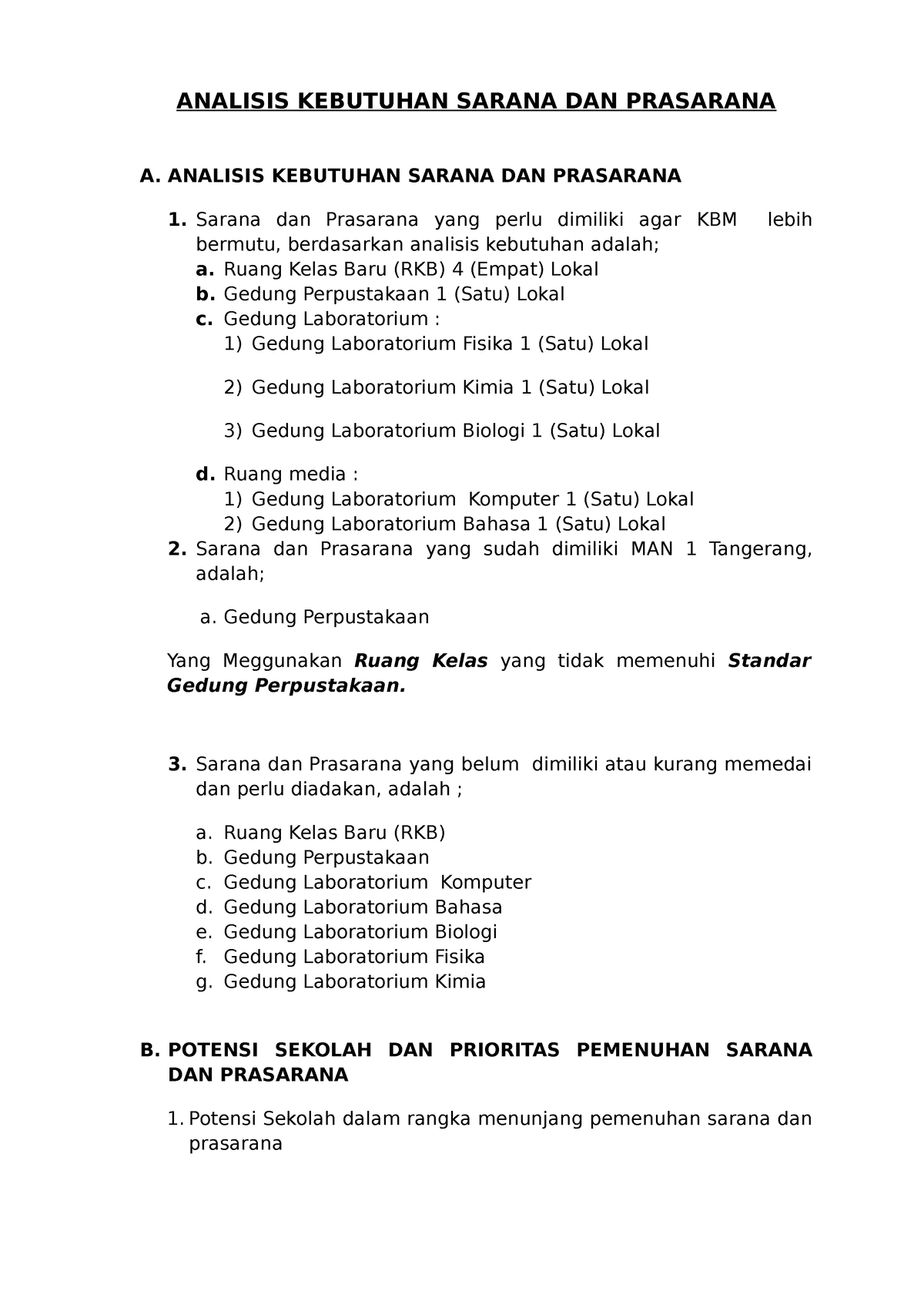 12 Analisis Kebutuhan Sarpras Analisis Kebutuhan Sarana Dan Prasarana A Analisis Kebutuhan