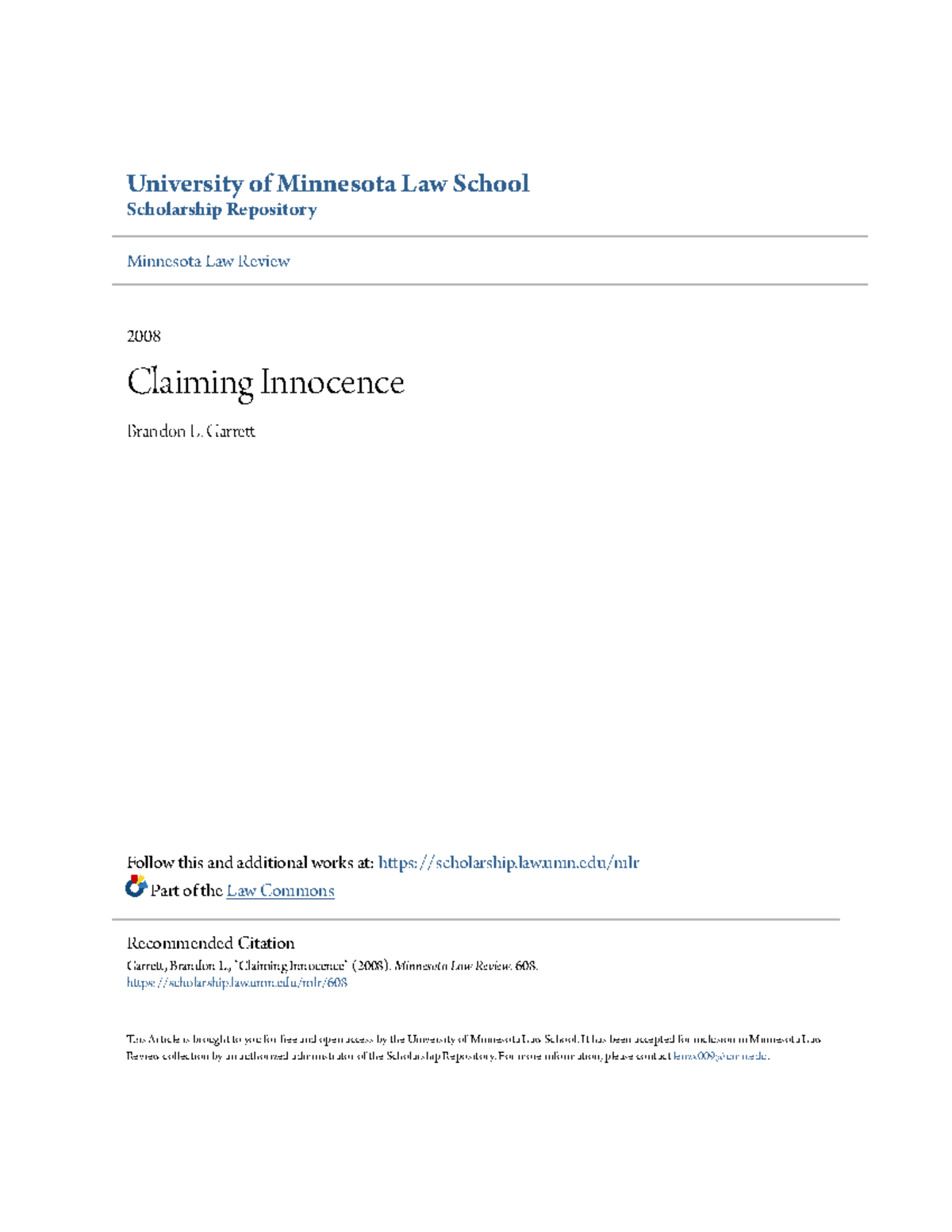 Claiming Innocence University of Minnesota Law School Scholarship