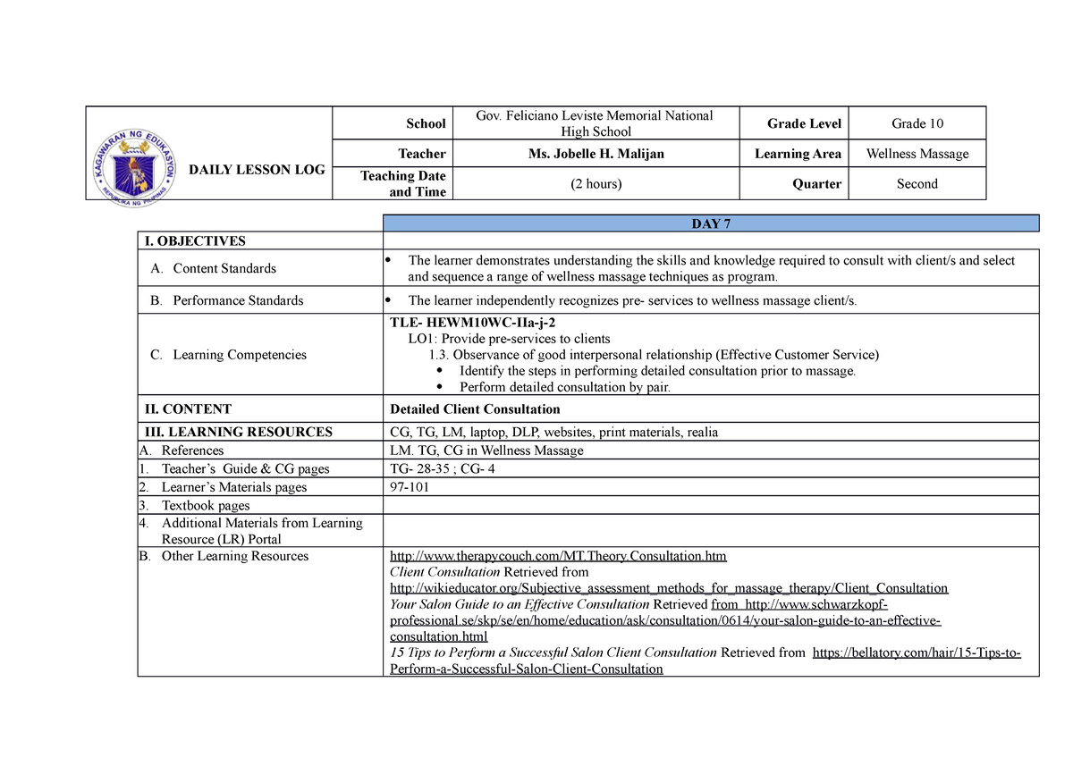 Wellness Massage LO1 1 - DLL - DAILY LESSON LOG School Gov. Feliciano ...